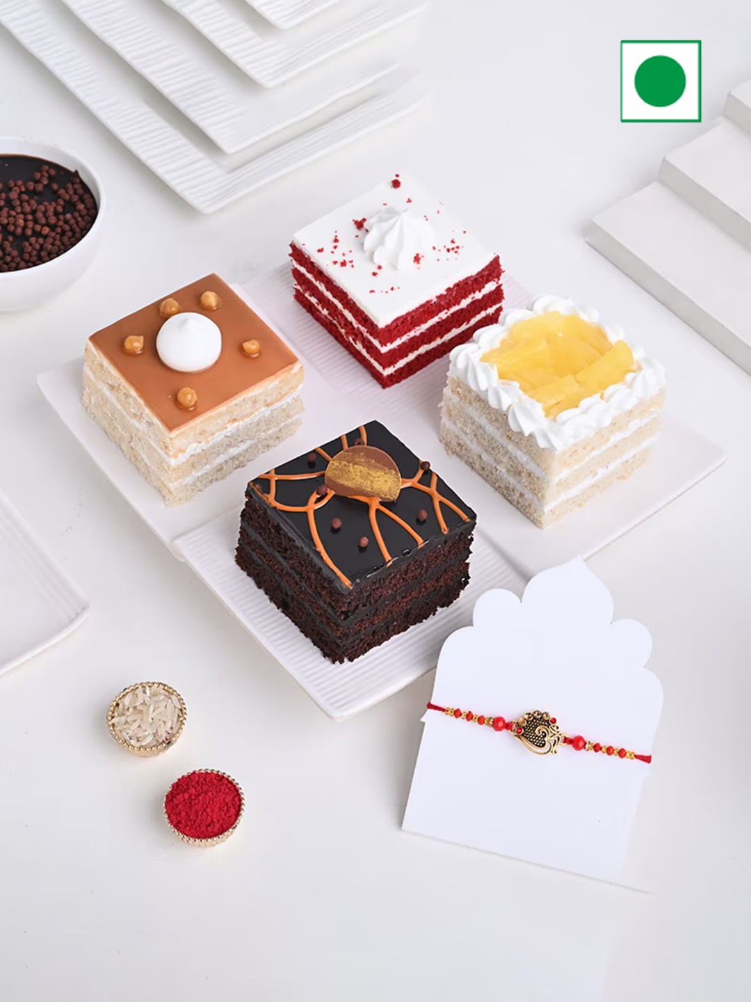 

Floweraura Set Of 5 Rakhi With Pastries Gift Set, Multi