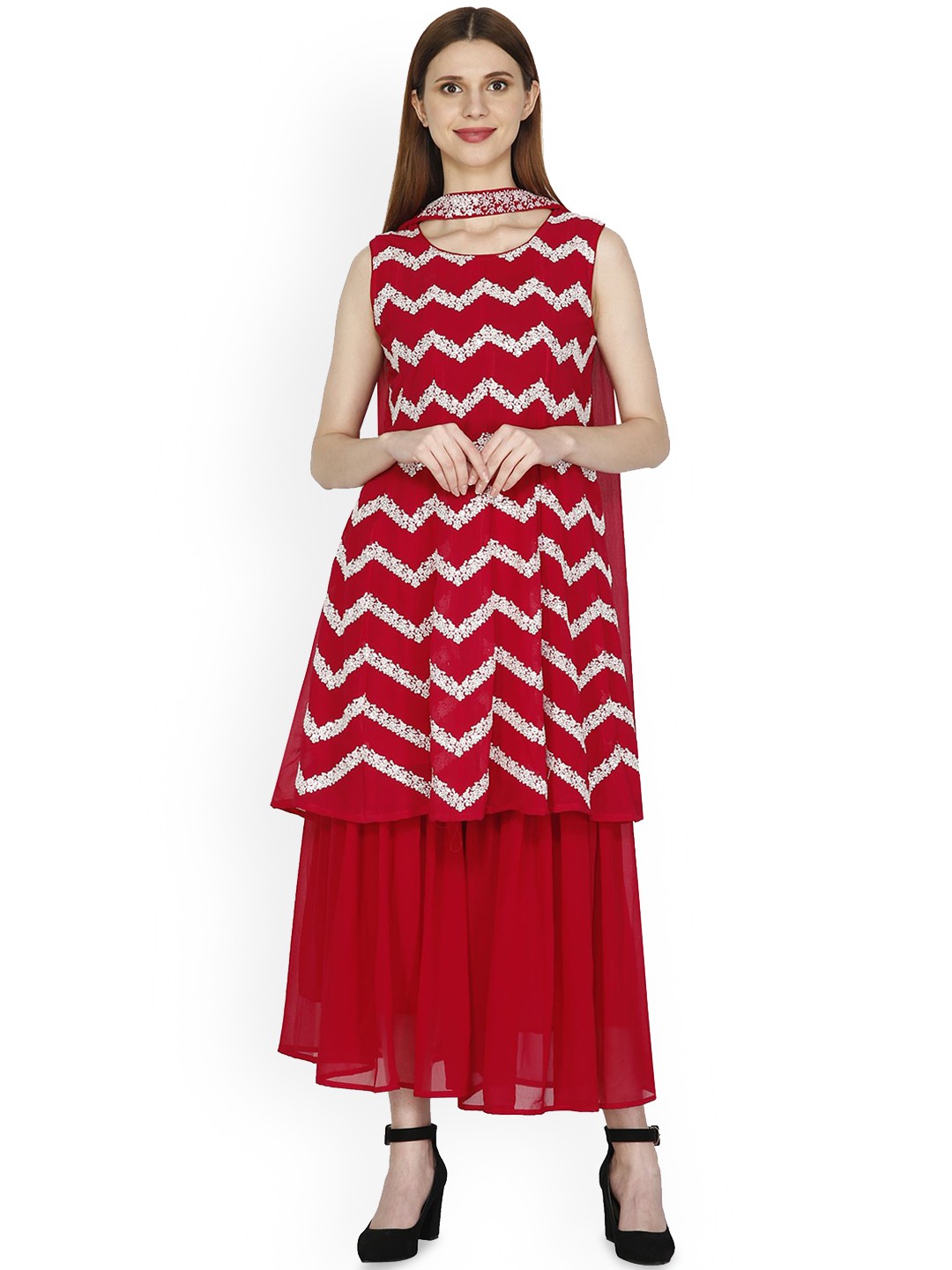 

Shree Mohini Collection Women Floral Embroidered Pleated Kurta with Sharara & With Dupatta, Pink