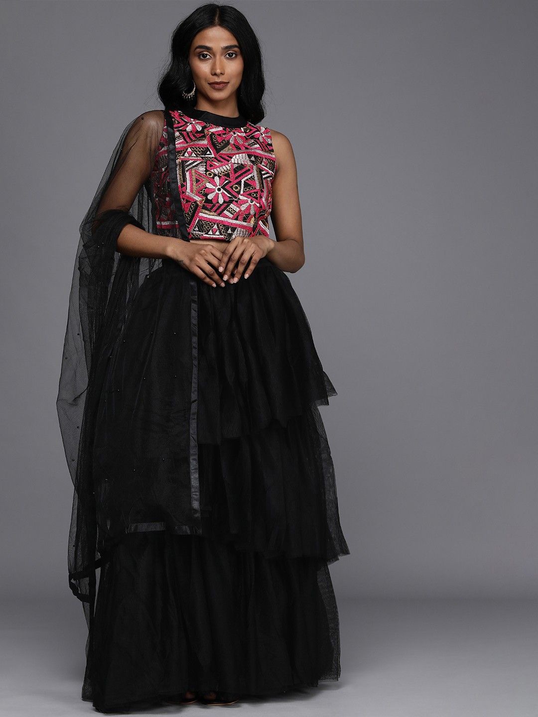 

Fabcartz Embroidered Thread Work Semi-Stitched Lehenga & Unstitched Blouse With Dupatta, Black