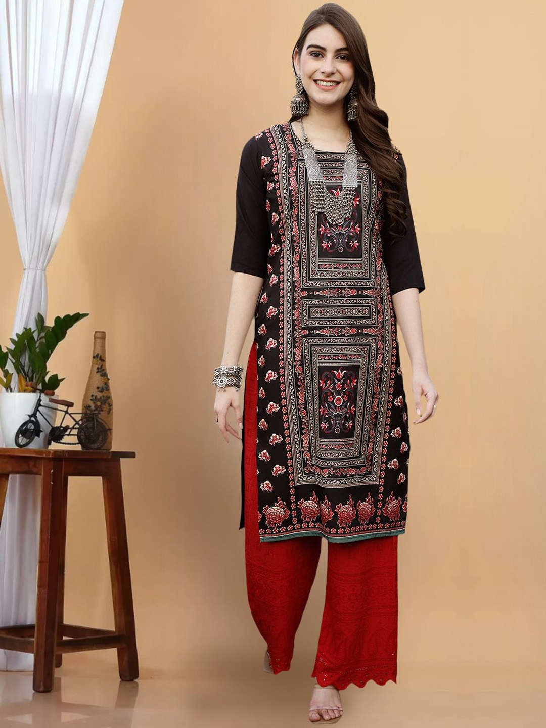 

7Threads Women Geometric Printed Mirror Work Floral Crepe Kurta, Multi
