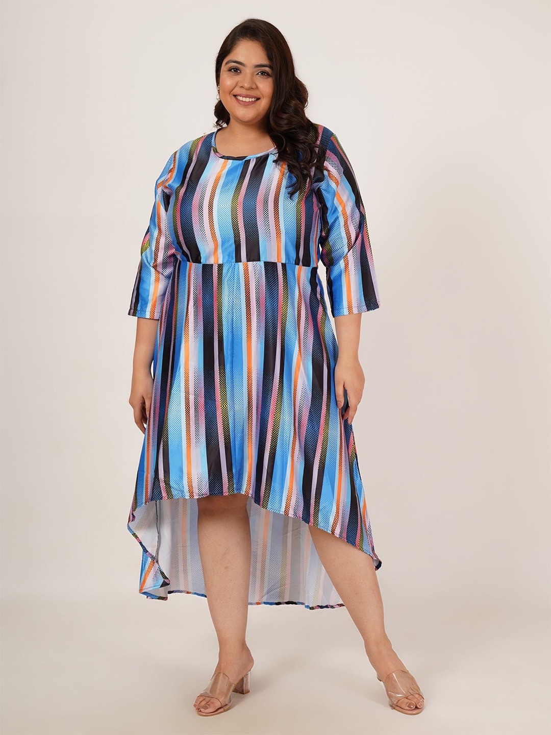 

Flambeur Plus Size Striped Satin A-Line Midi Dress, Blue