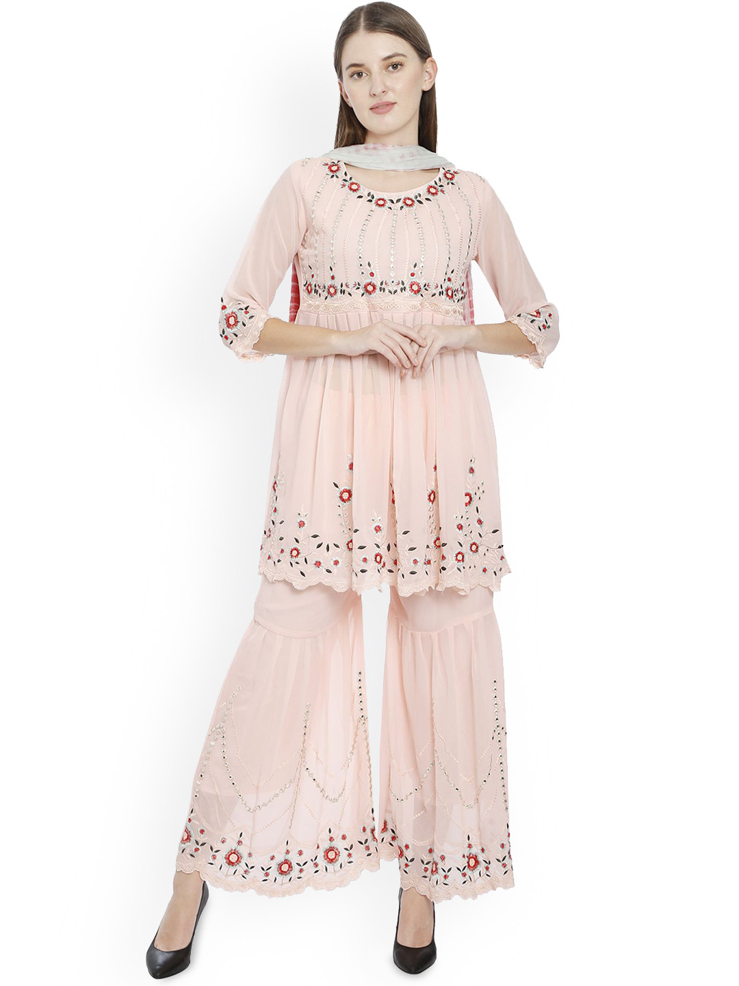 

Shree Mohini Collection Women Floral Embroidered Panelled Thread Work Kurta with Sharara & With Dupatta, Pink