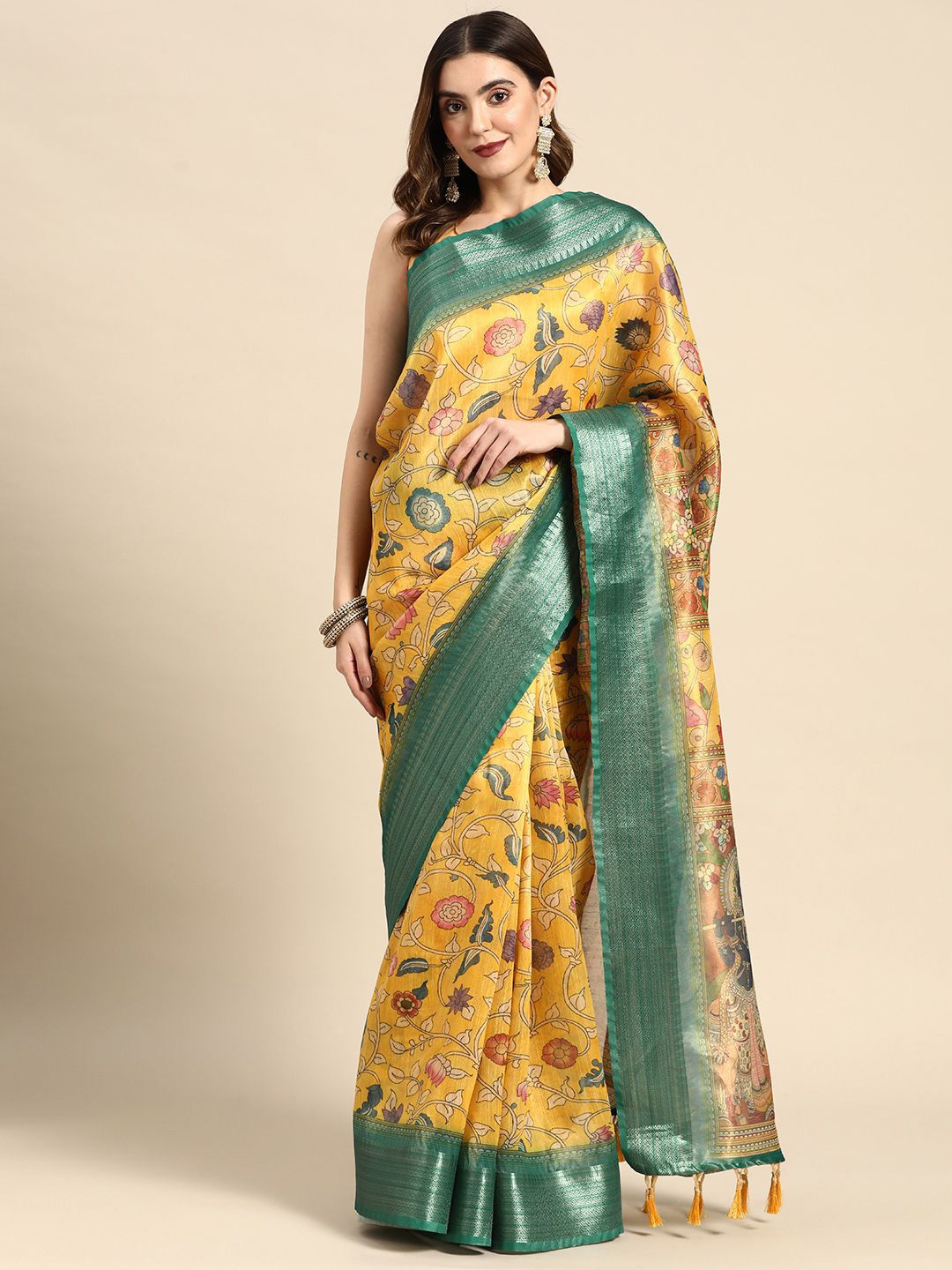 

Kaizen TEXO FAB Women Floral Printed Khadi Saree With Zari Border, Yellow