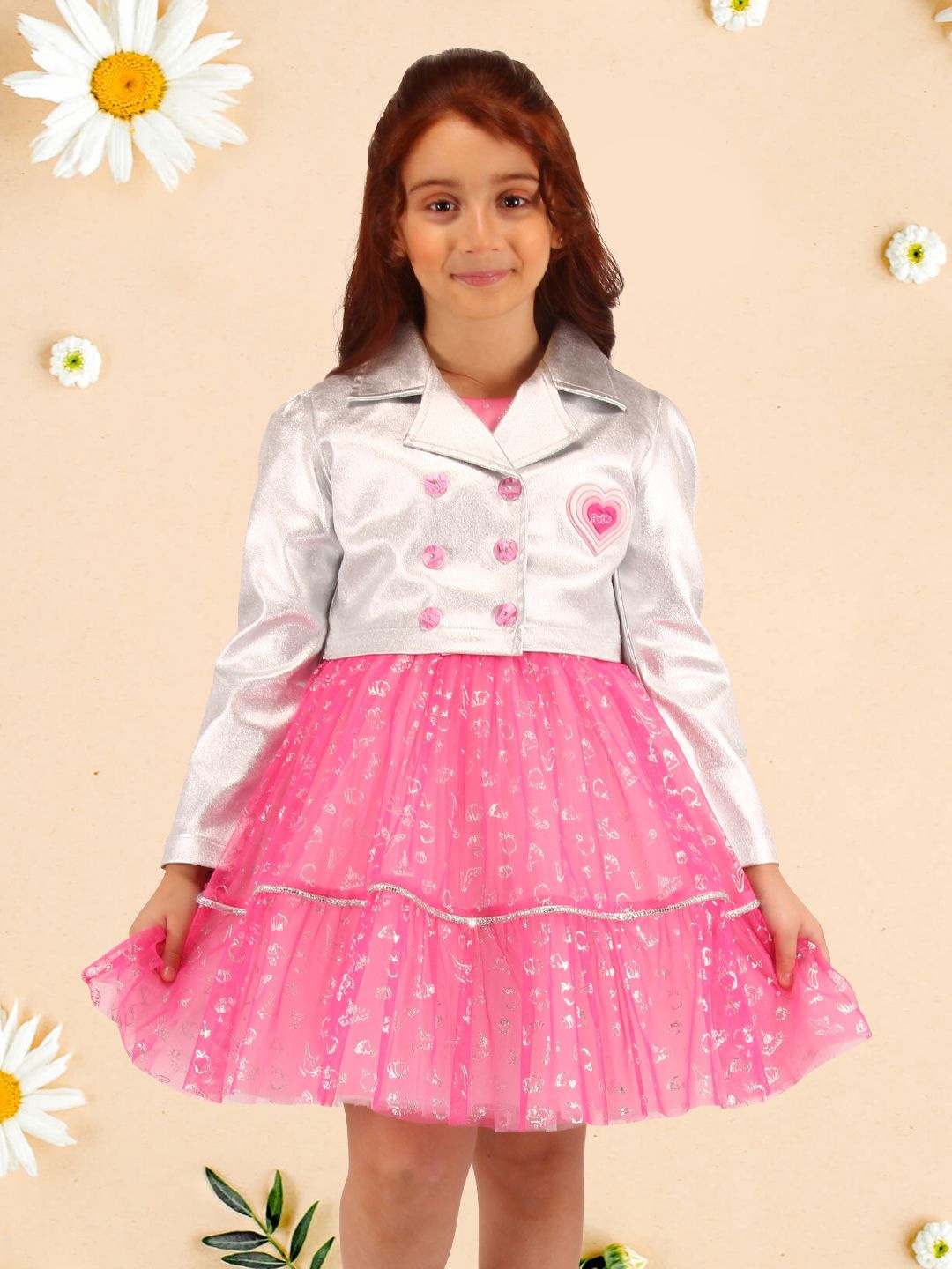 

CUTECUMBER Girls Printed Applique Fit & Flare Dress with Full Sleeve Shrug, Pink