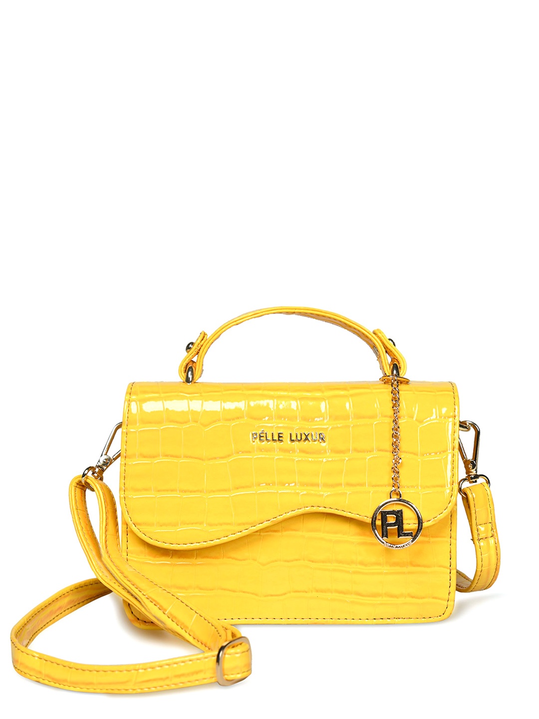 

PELLE LUXUR Textured PU Structured Handheld Bag with Tasselled, Yellow