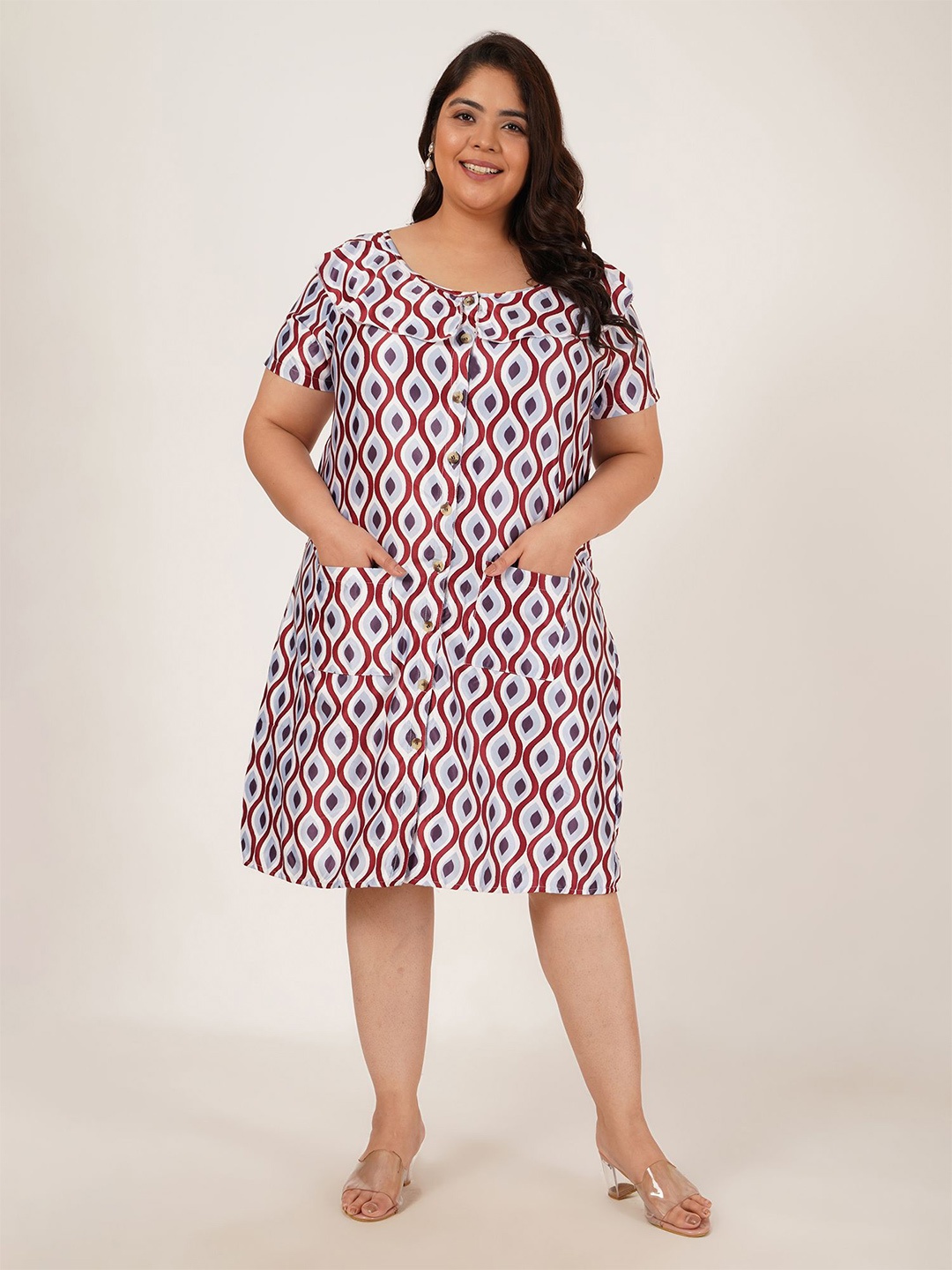 

Flambeur Printed Satin A-Line Plus Size Dress, Multi