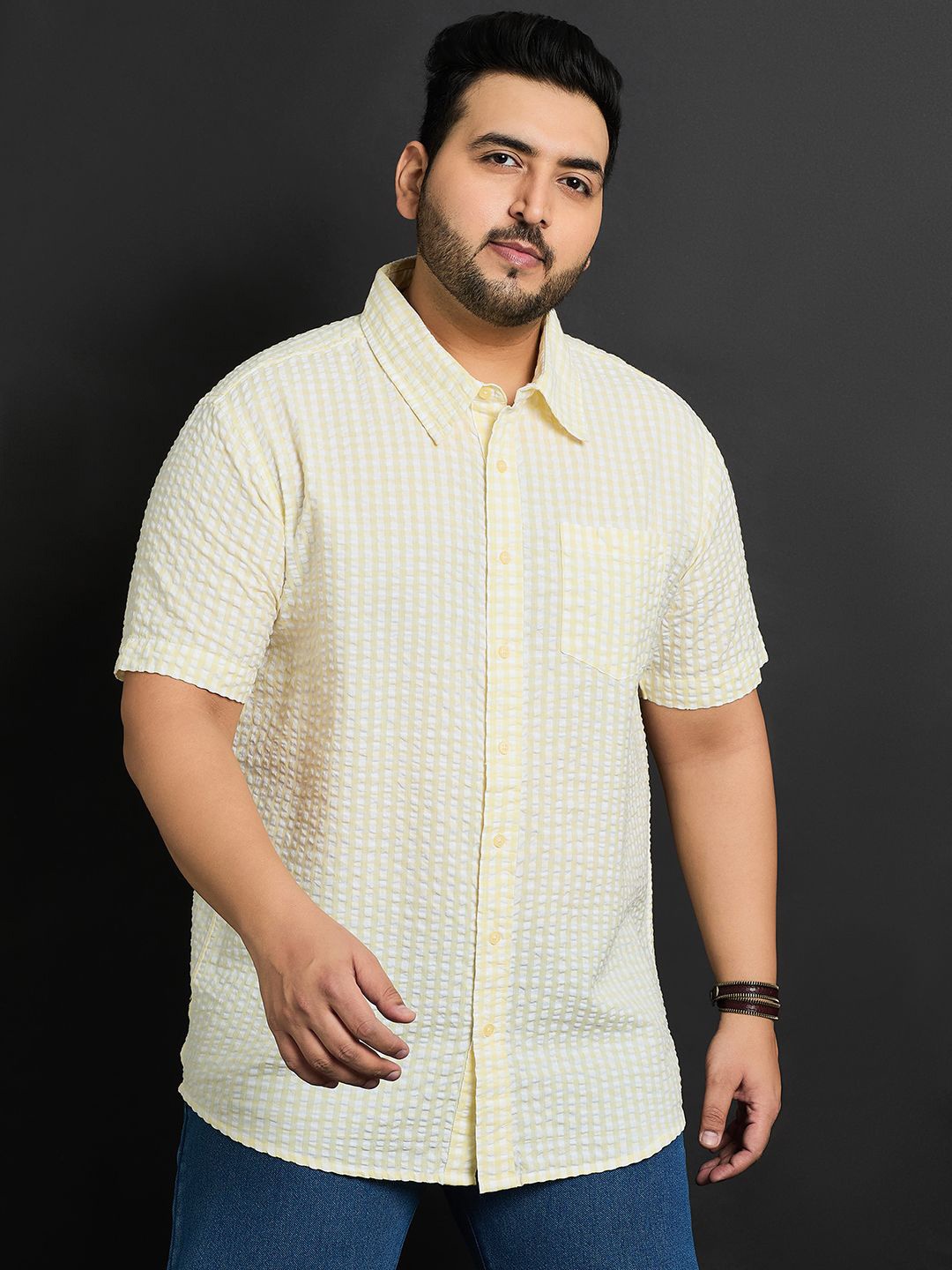 

bigbanana Plus Size Grid Tattersall Checks Seersucker Pure Cotton Casual Shirt, Yellow