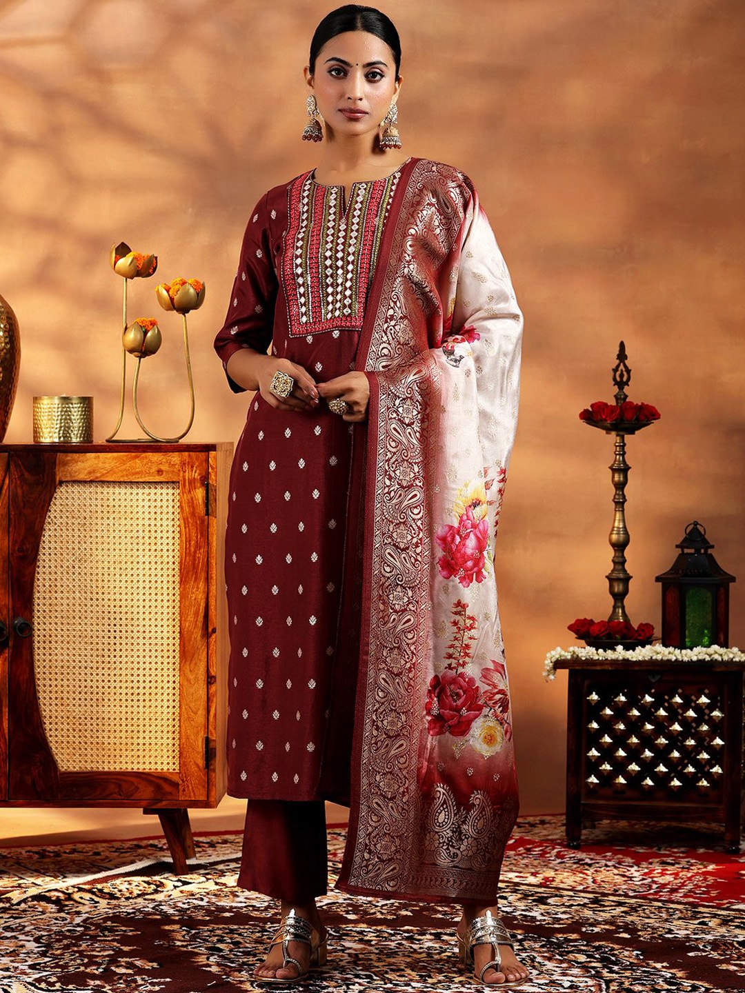 

Libas Ethnic Motifs Mirror Work Notch Neck Straight Kurta with Trousers & Dupatta, Brown