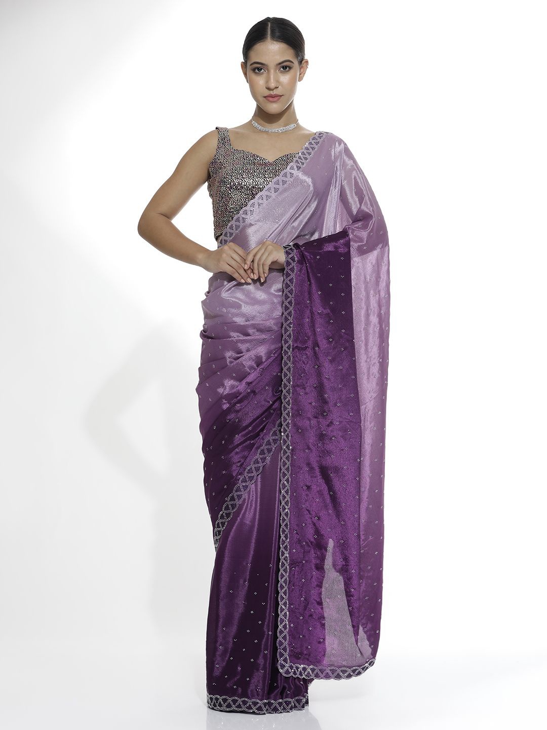 

Jaipur Kurti Ethnic Motifs Beads and Stones Satin Saree, Lavender