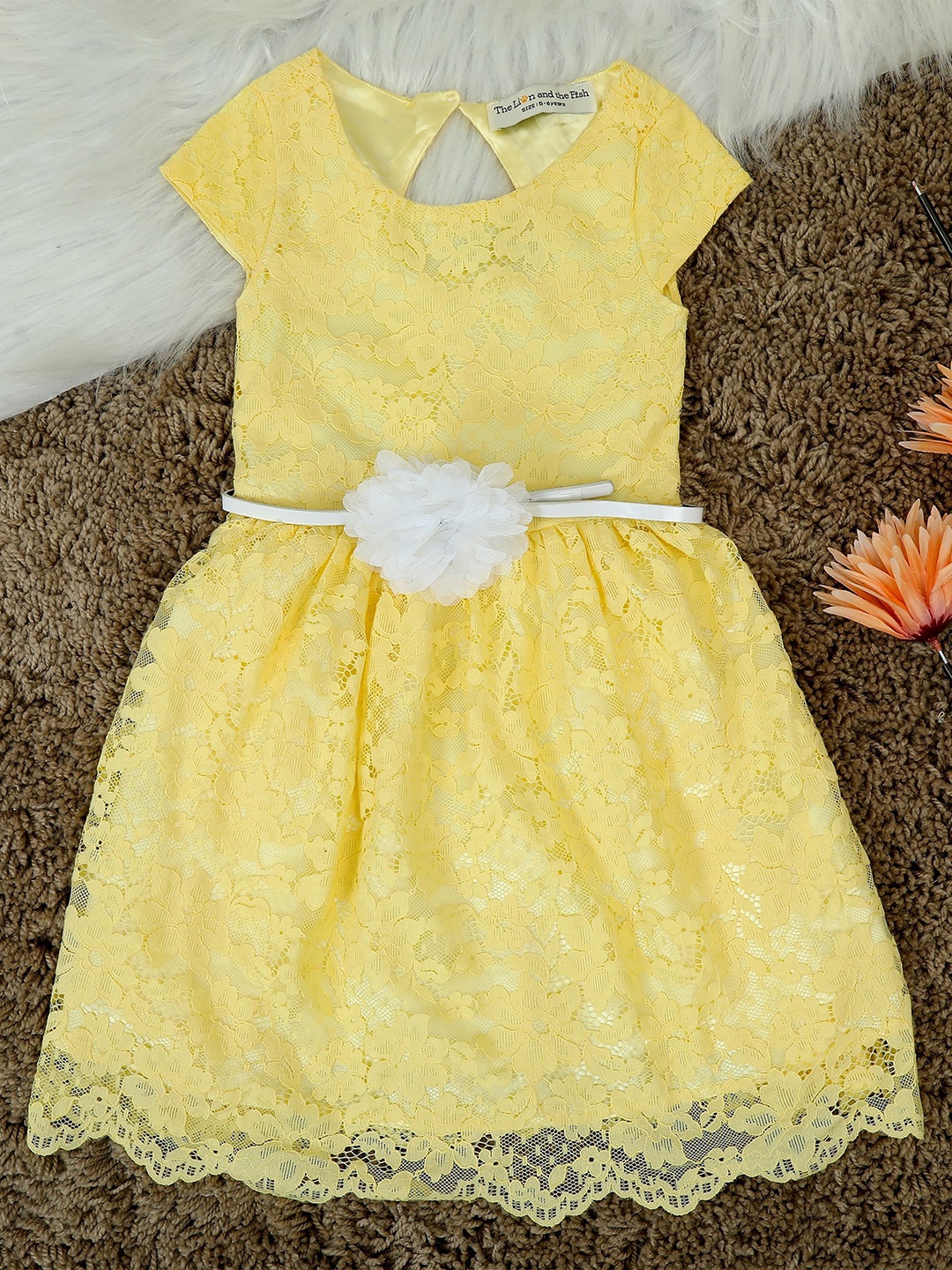 

The Lion and The Fish Girls Self Design Fit & Flare Dress with Belt, Yellow
