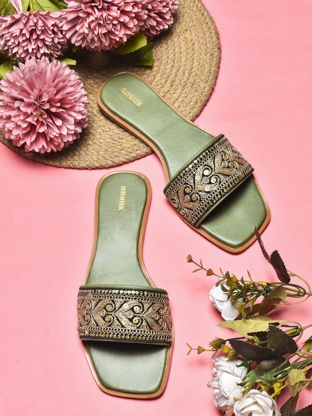 

Anouk Women Embroidered Open Toe Flats, Olive