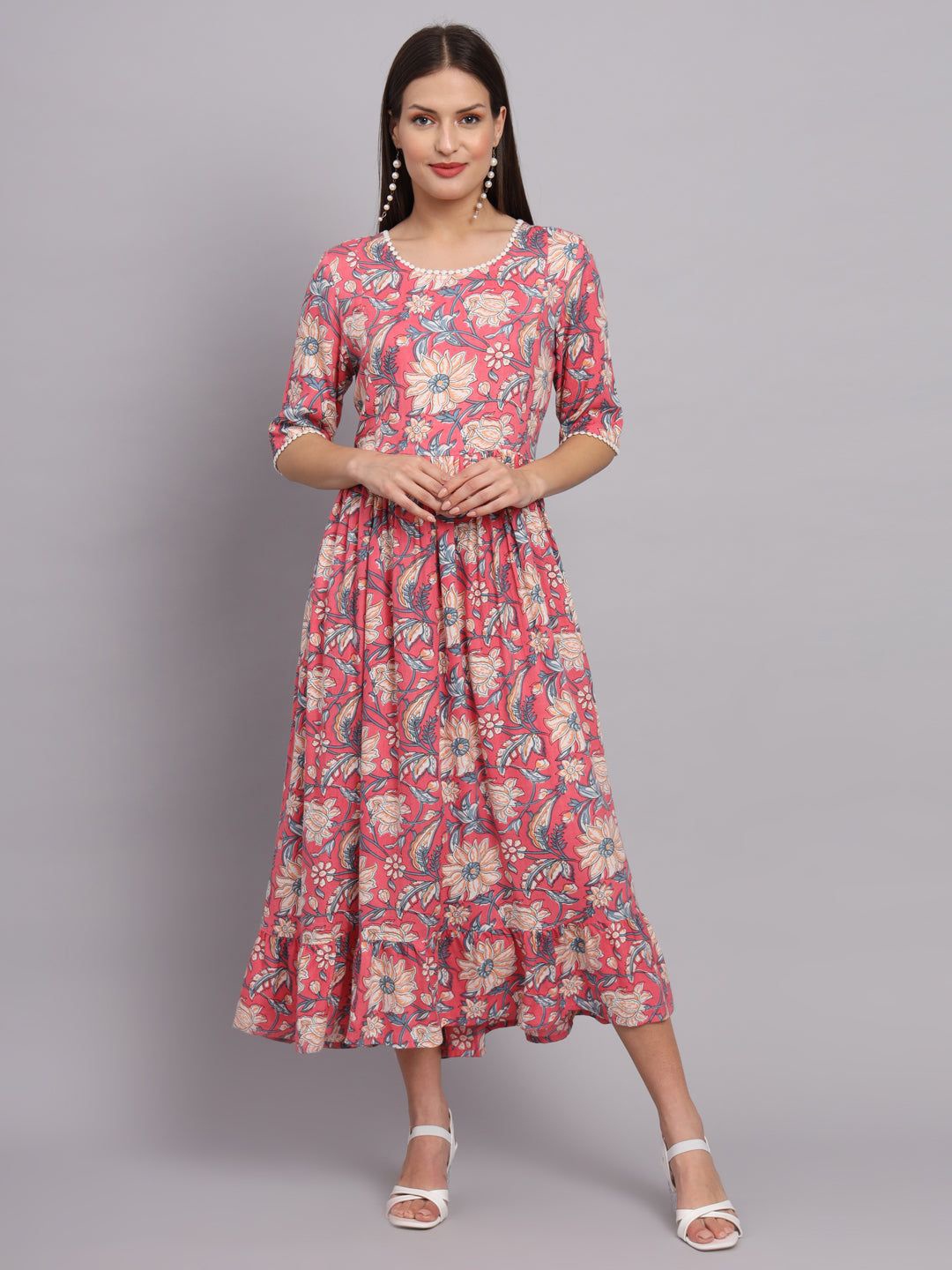 

KALINI Floral Print Fit and Flare Midi Dress, Pink