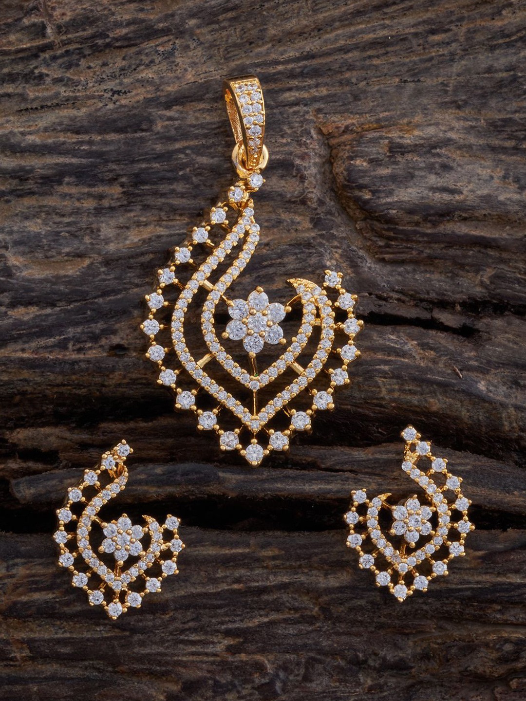 

Kushal's Fashion Jewellery Gold-Plated CZ-Studded Pendant and Earrings