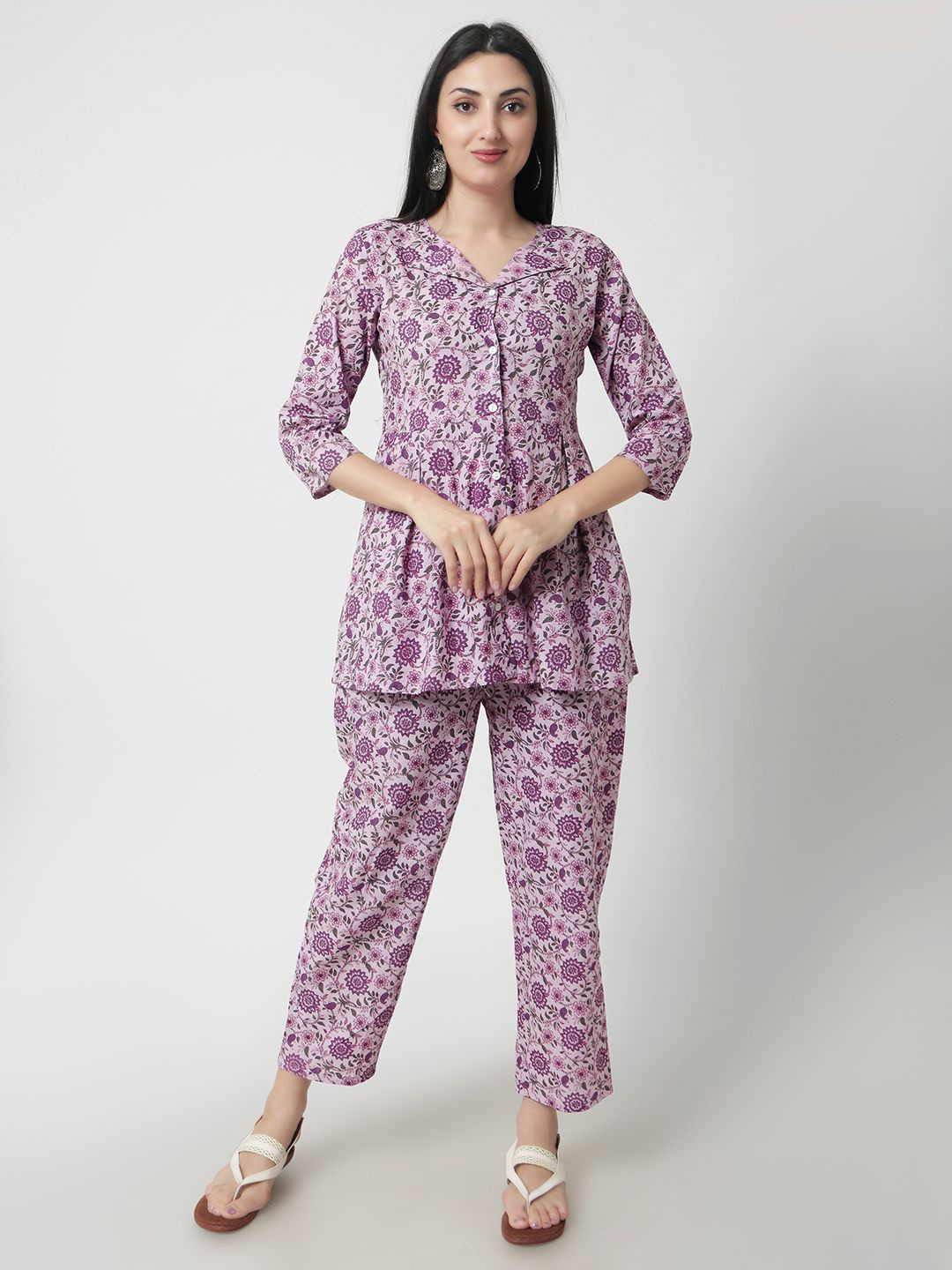 

JANAKDULARI CREATION Printed Pure Cotton Shirt With Trousers Co-Ords, Purple