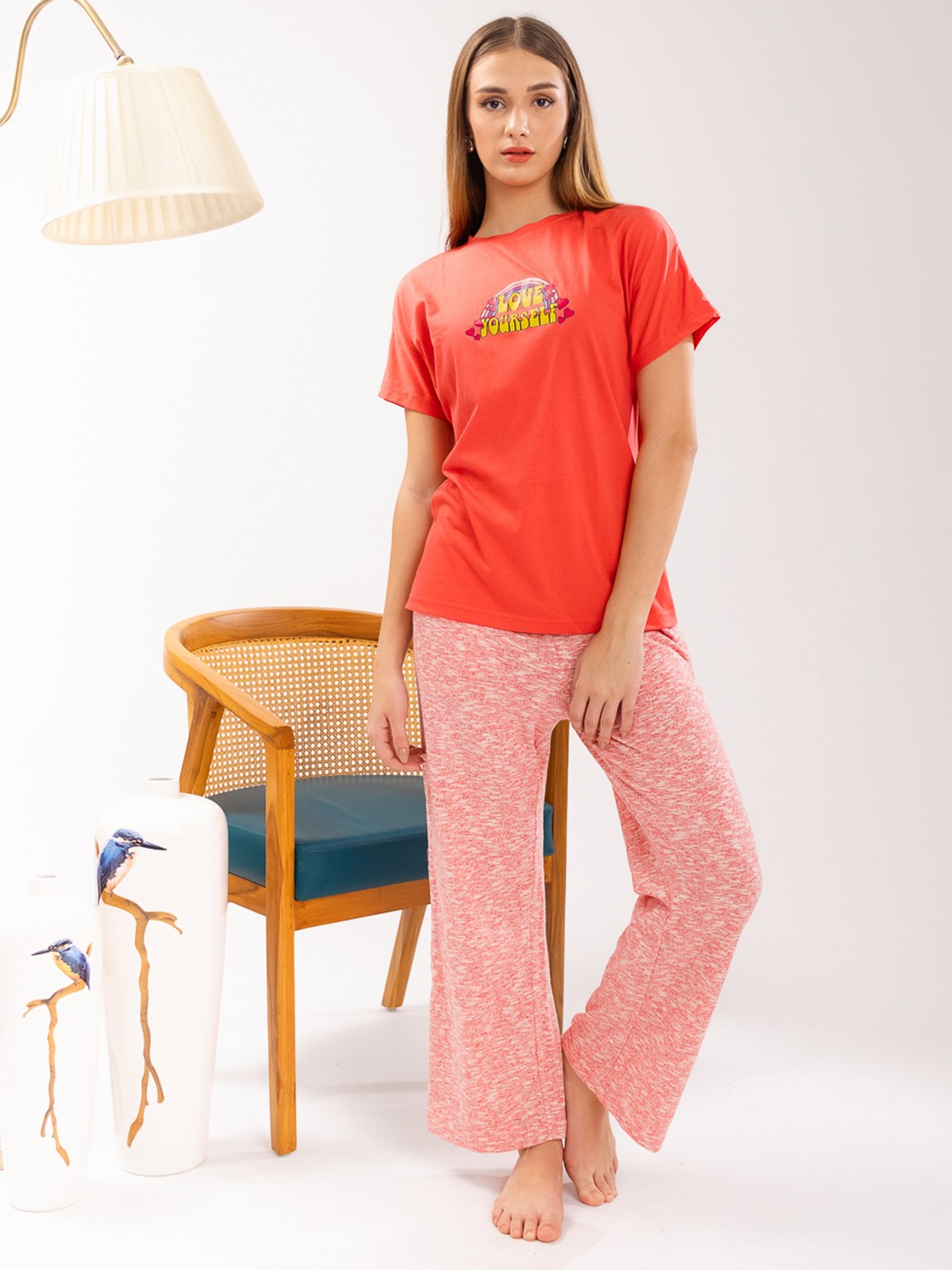 

ELEVENS HEAVEN Women Printed Pure Cotton Night suit, Orange