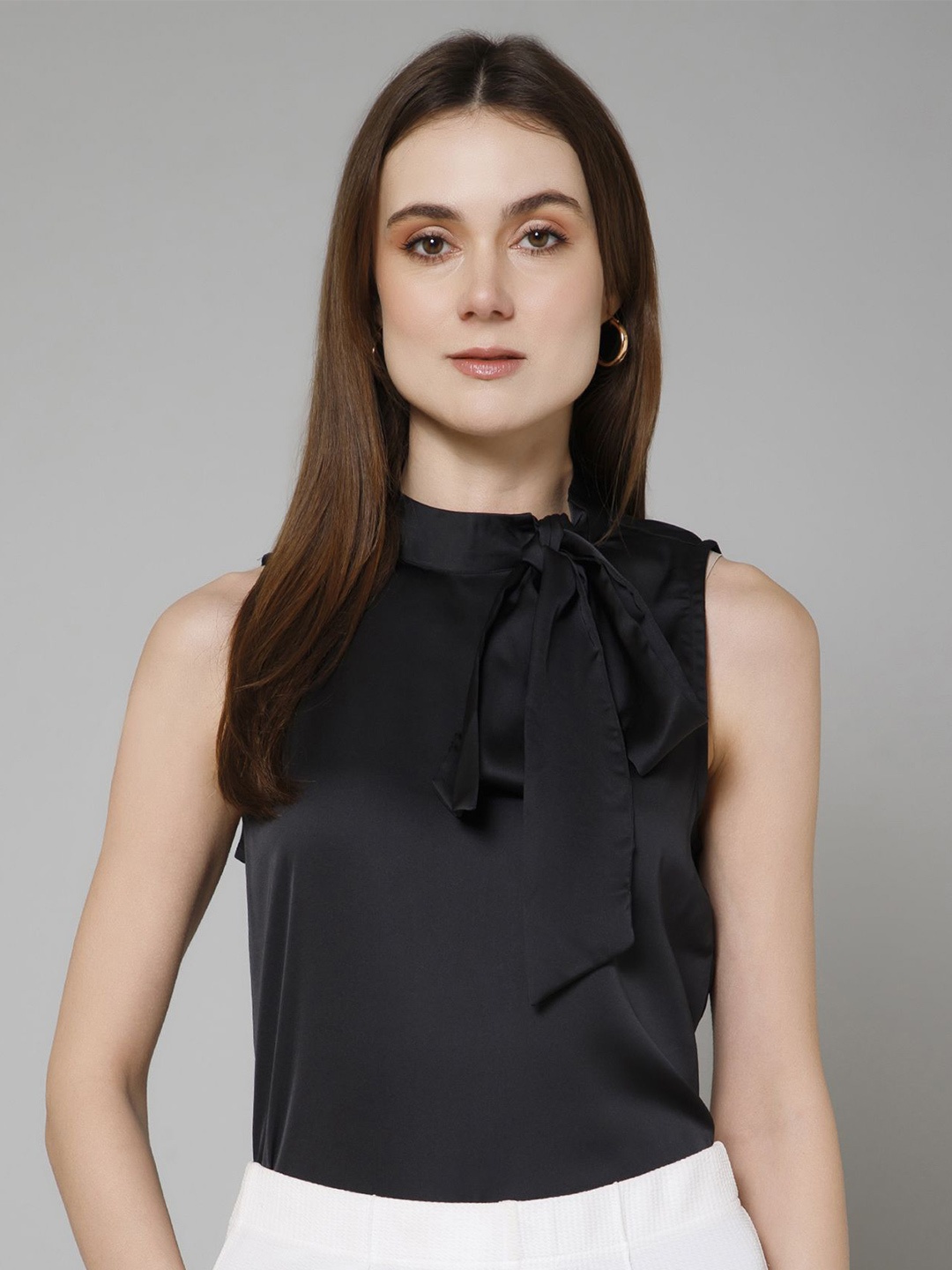 

PURYS Tie-Up Neck Satin Top, Black