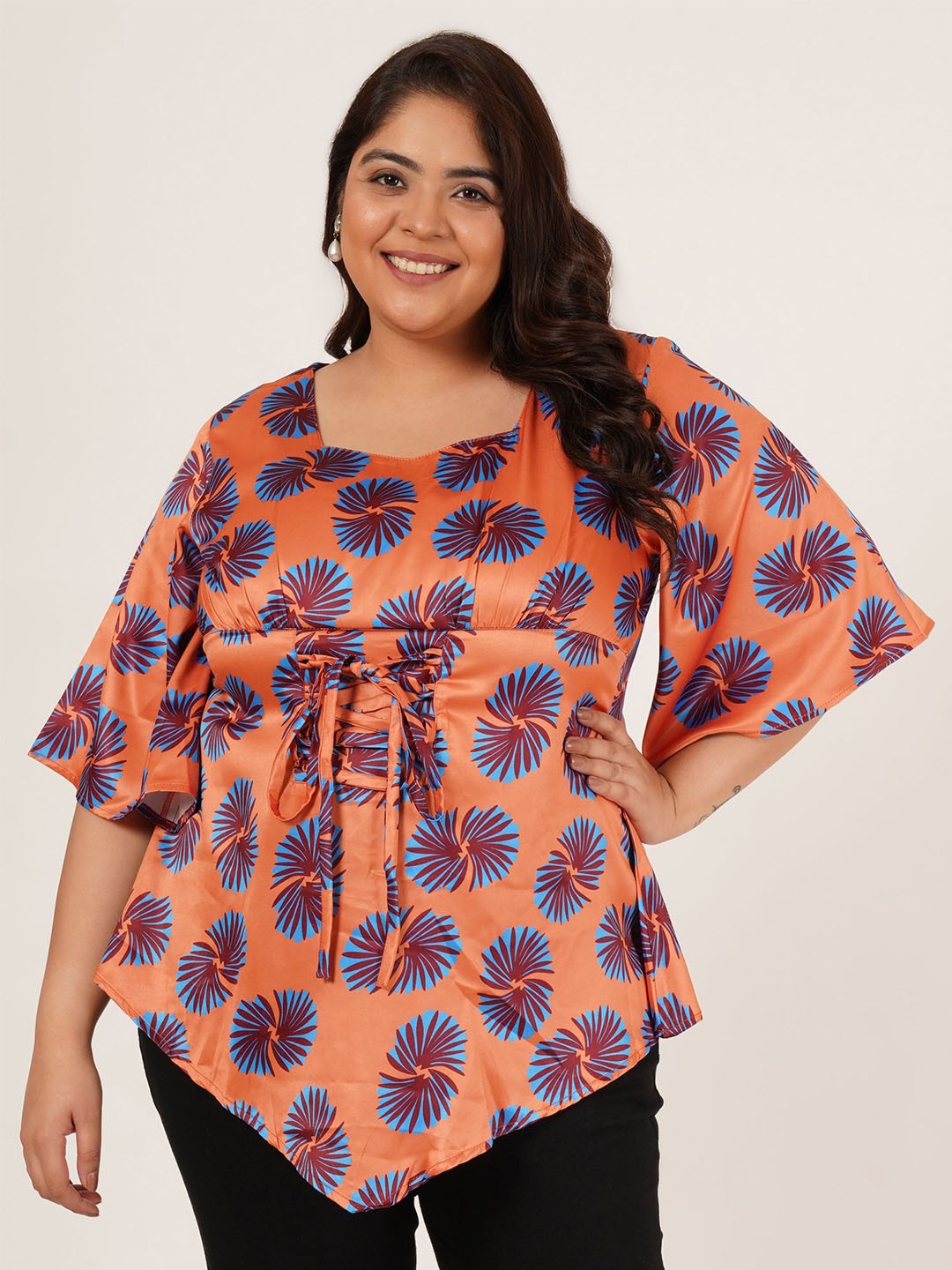 

Flambeur Floral Print Flared Sleeve Satin Empire Longline Top, Multi