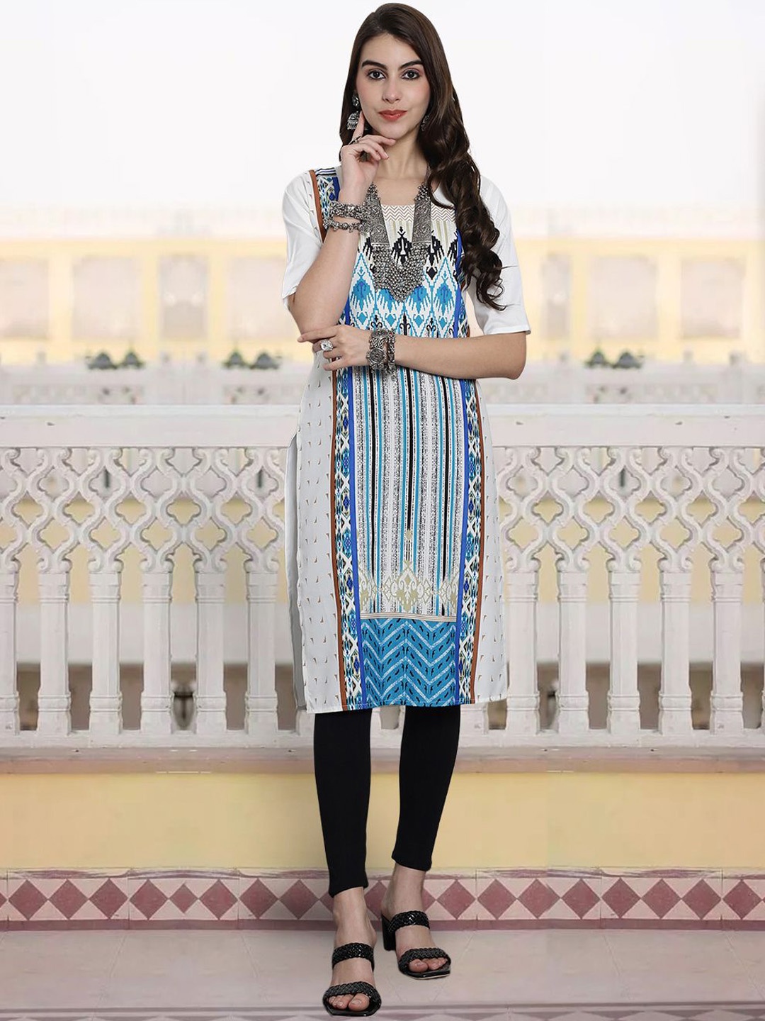 

7Threads Geometric Printed Round Neck Straight Kurta, White