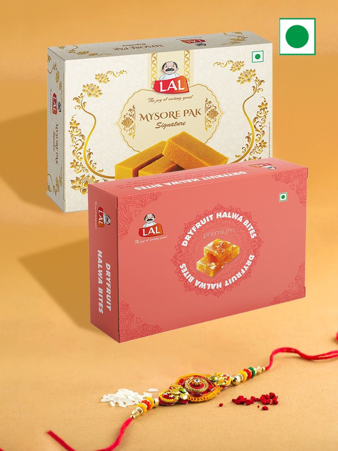 

LAL Rakhi With Roli Chawal Mysore Pak Gift Set - 400g, Red