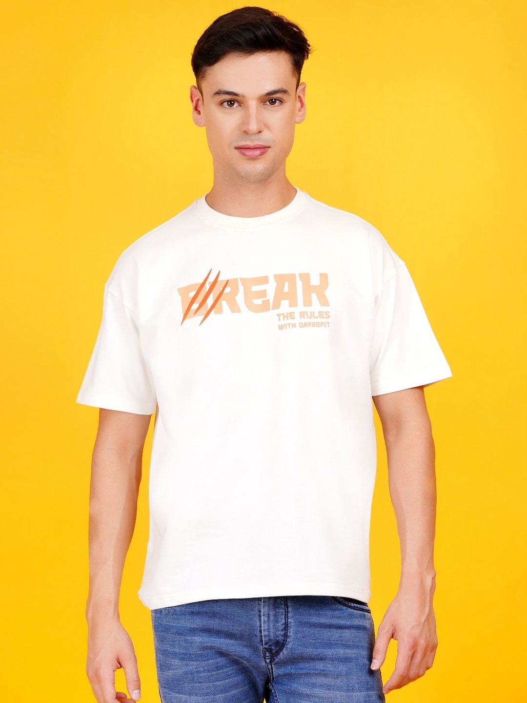 

DAFABFIT Men Typography Printed Applique T-shirt, Off white