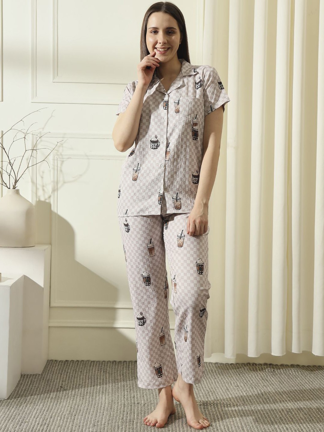 

House of Comfort Women Printed Night suit, Beige