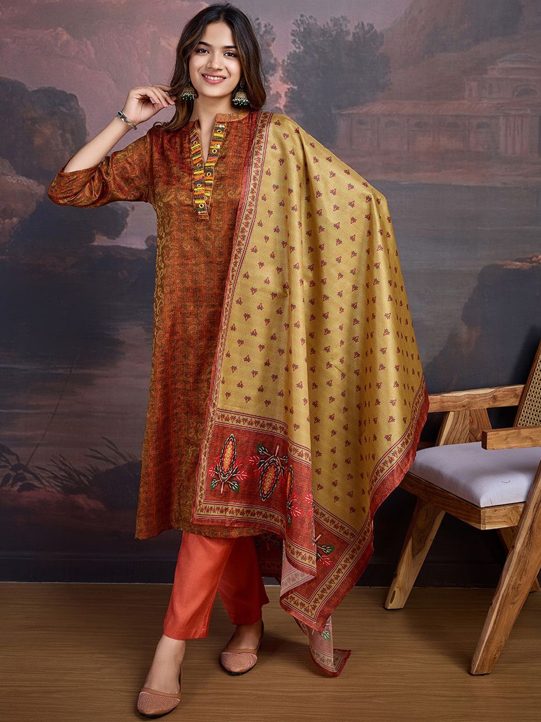 

House of Pataudi Ethnic Motif Printed Mandarin Collar A-Line Kurta With Trouser & Dupatta, Mustard
