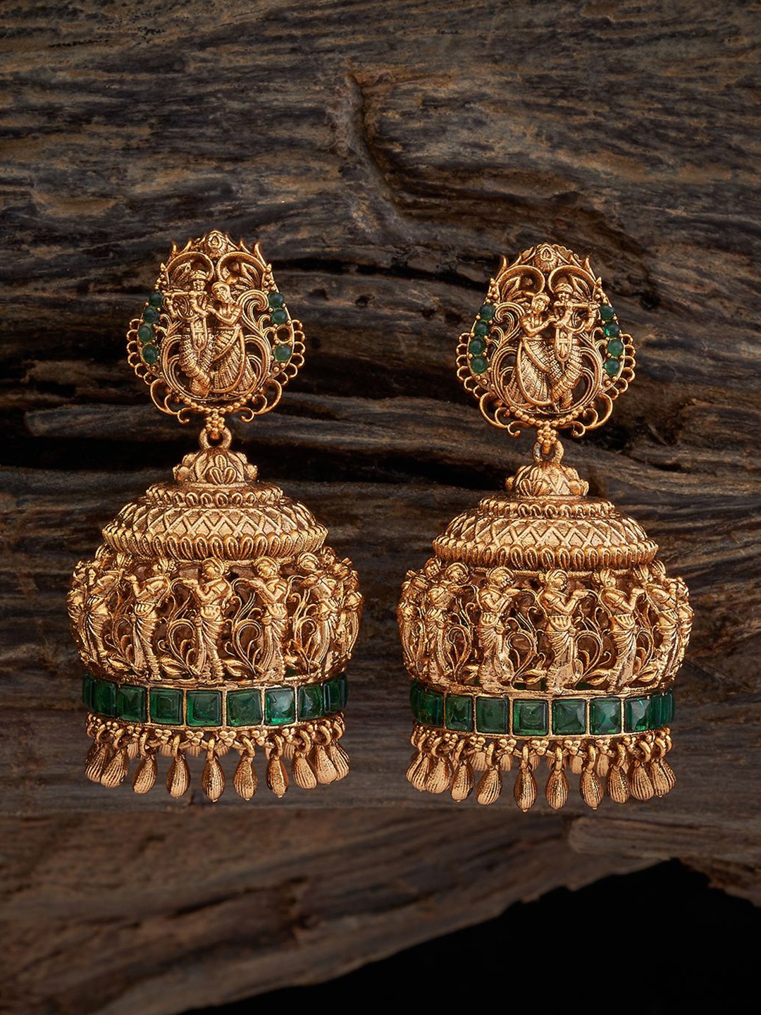 

Kushal's Fashion Jewellery Gold Plated Dome Shaped Artficial Stones Antique Jhumkas