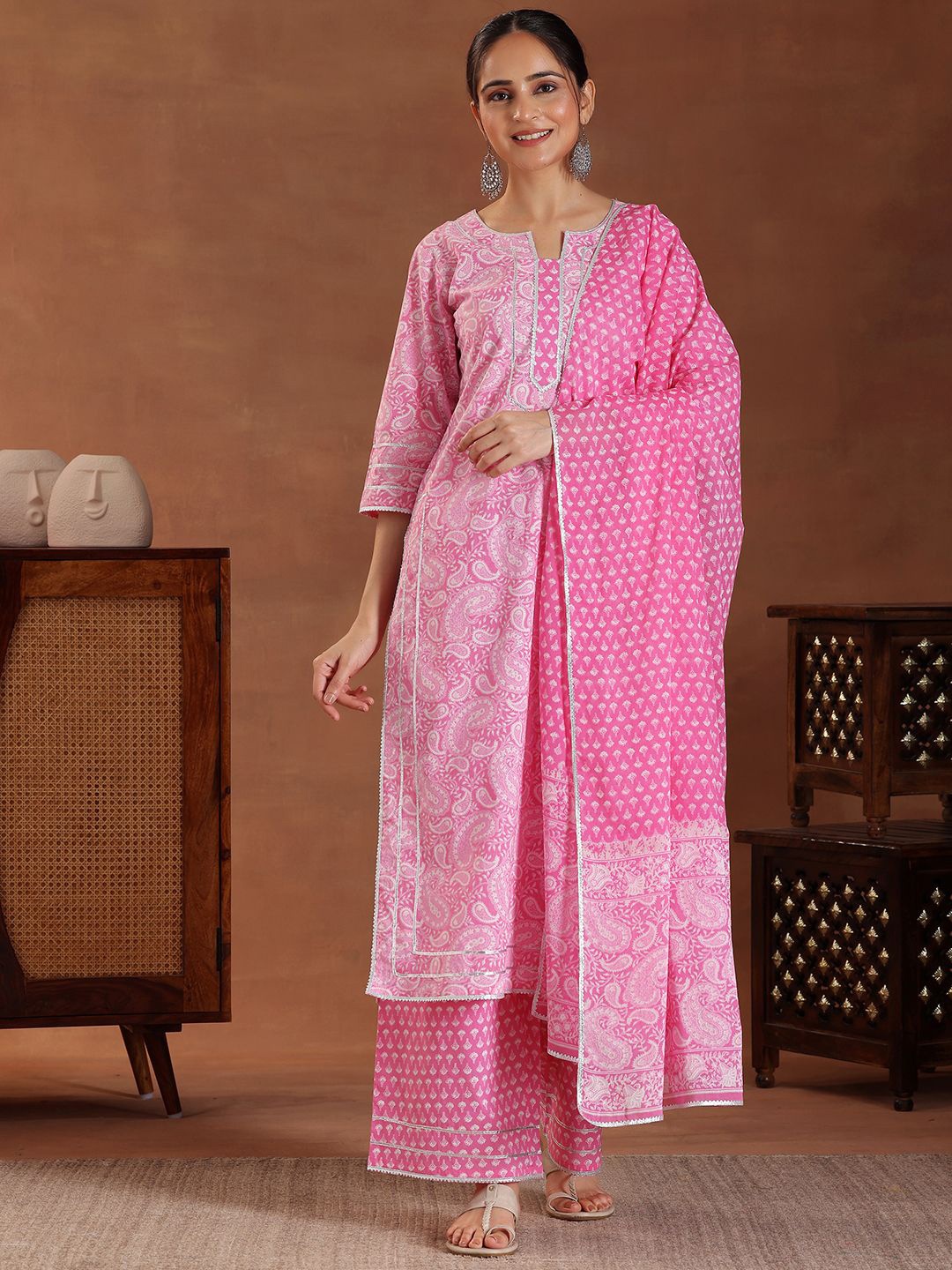 

Libas Paisley Printed Gotta Patti Pure Cotton Straight Kurta with Palazzos & Dupatta, Pink