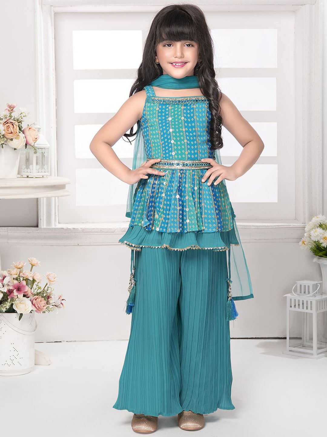 

Tiny Kingdom Girls Printed Regular Gotta Patti Kurta With Palazzos & Dupatta Set, Blue