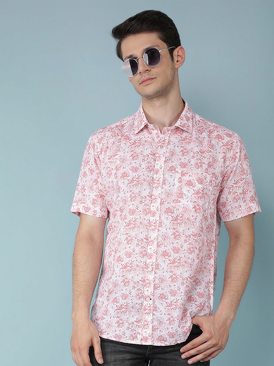 

Crimsoune Club Men Classic Slim Fit Floral Opaque Printed Casual Shirt, Pink