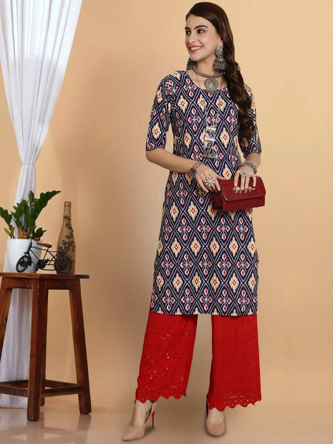 

7Threads Women Printed Mirror Work Floral Crepe Kurta, Multi