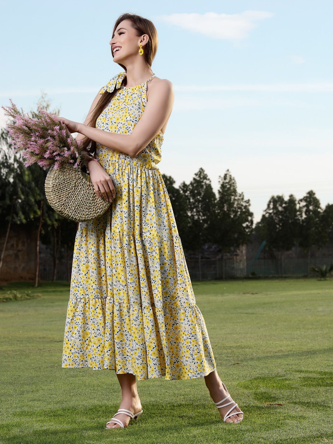 

Sera Halter Neck Floral Fit & Flare Maxi Dress, Yellow