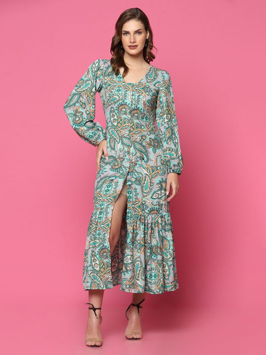 

ASISA Ethnic Motifs Printed Puff Sleeve Sheath Midi Dress, Green