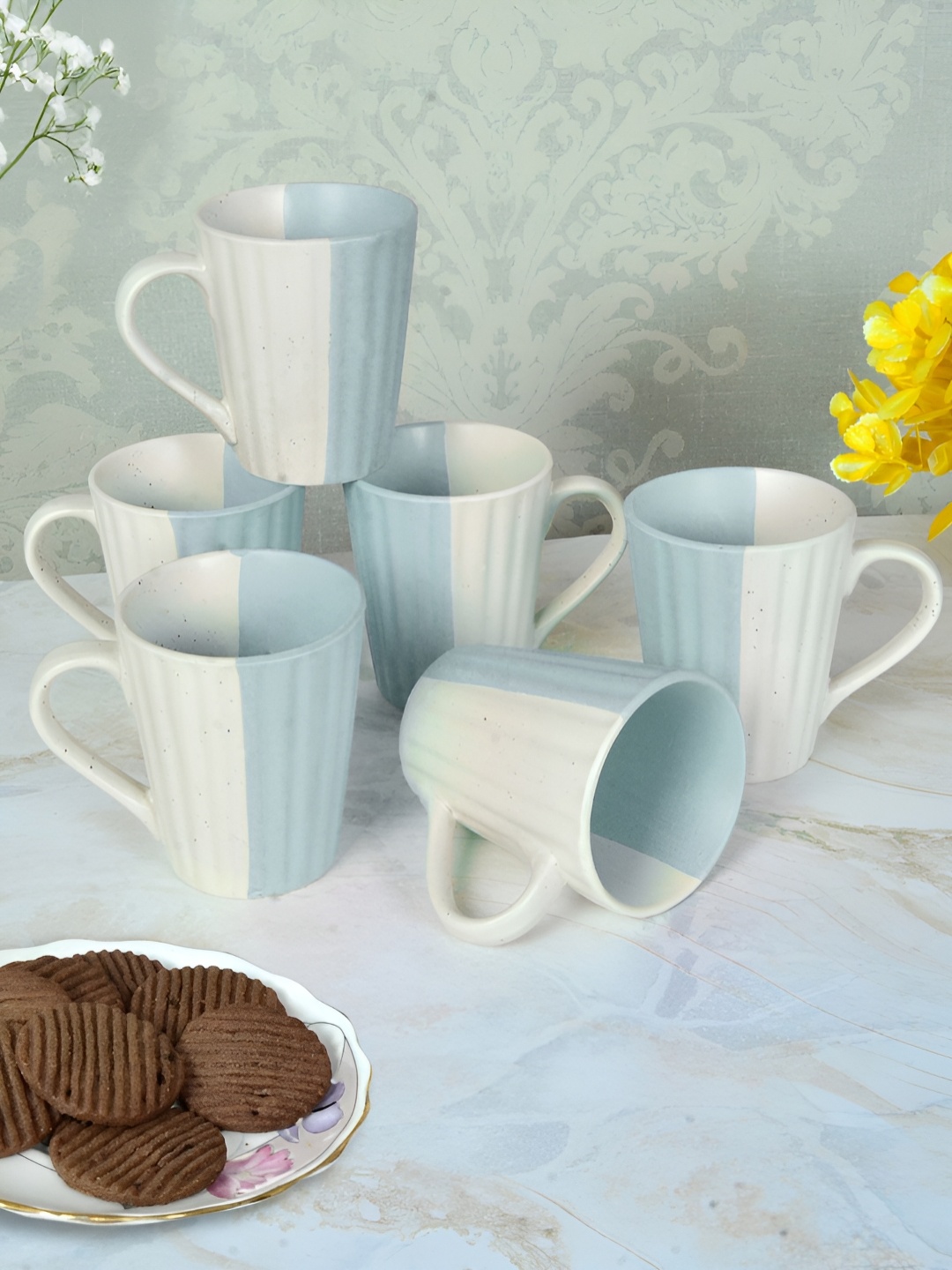

FABINALIV Set of 6 White & Blue Striped Handcrafted Ceramics Matte Mugs