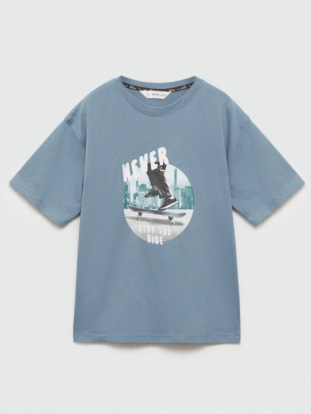 

Mango Kids Boys Pure Cotton Graphic Printed Drop-Shoulder Sleeves T-shirt, Blue