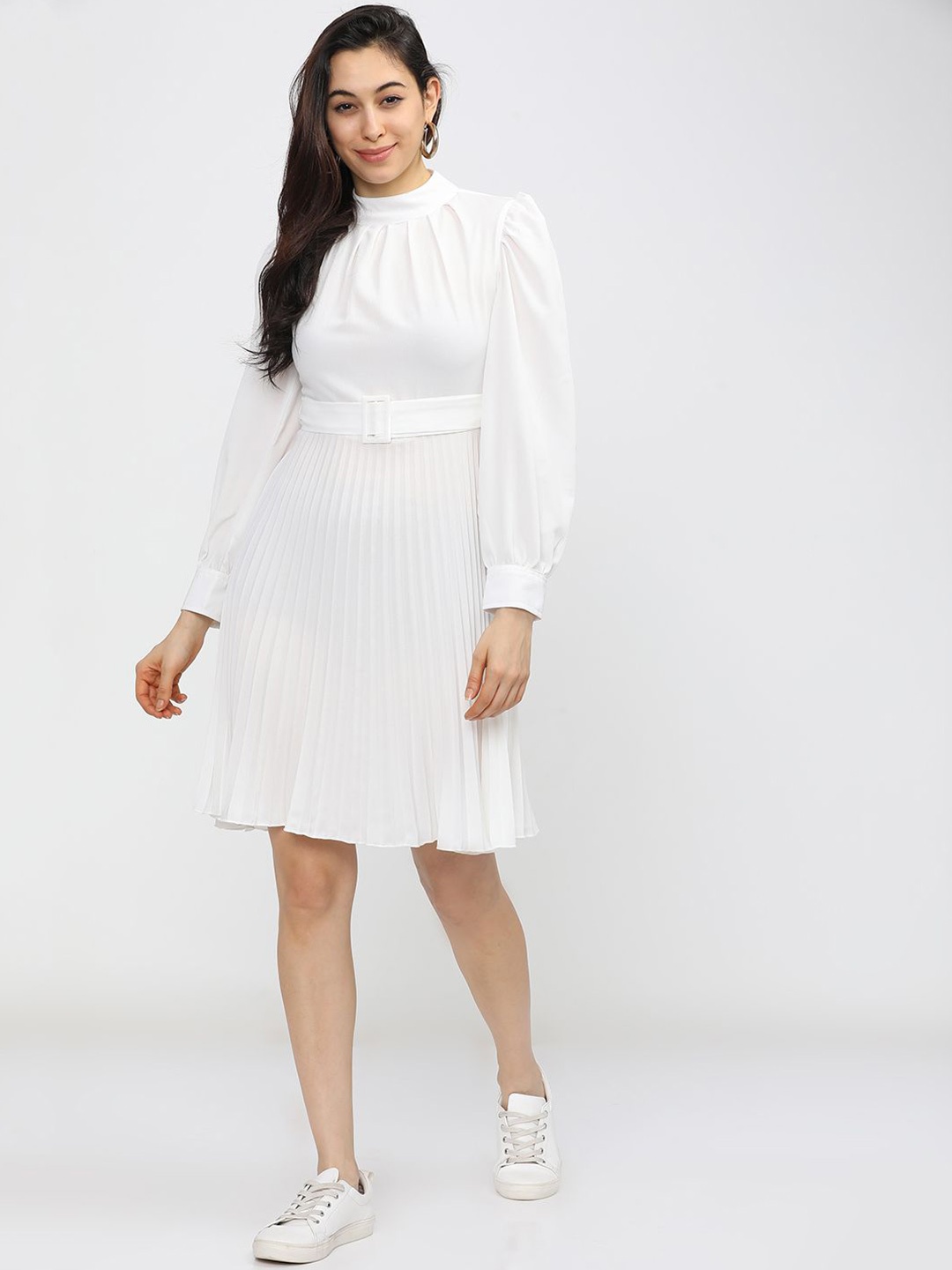 

Tokyo Talkies Mock Neck Puff Sleeve Fit & Flare Dress, White