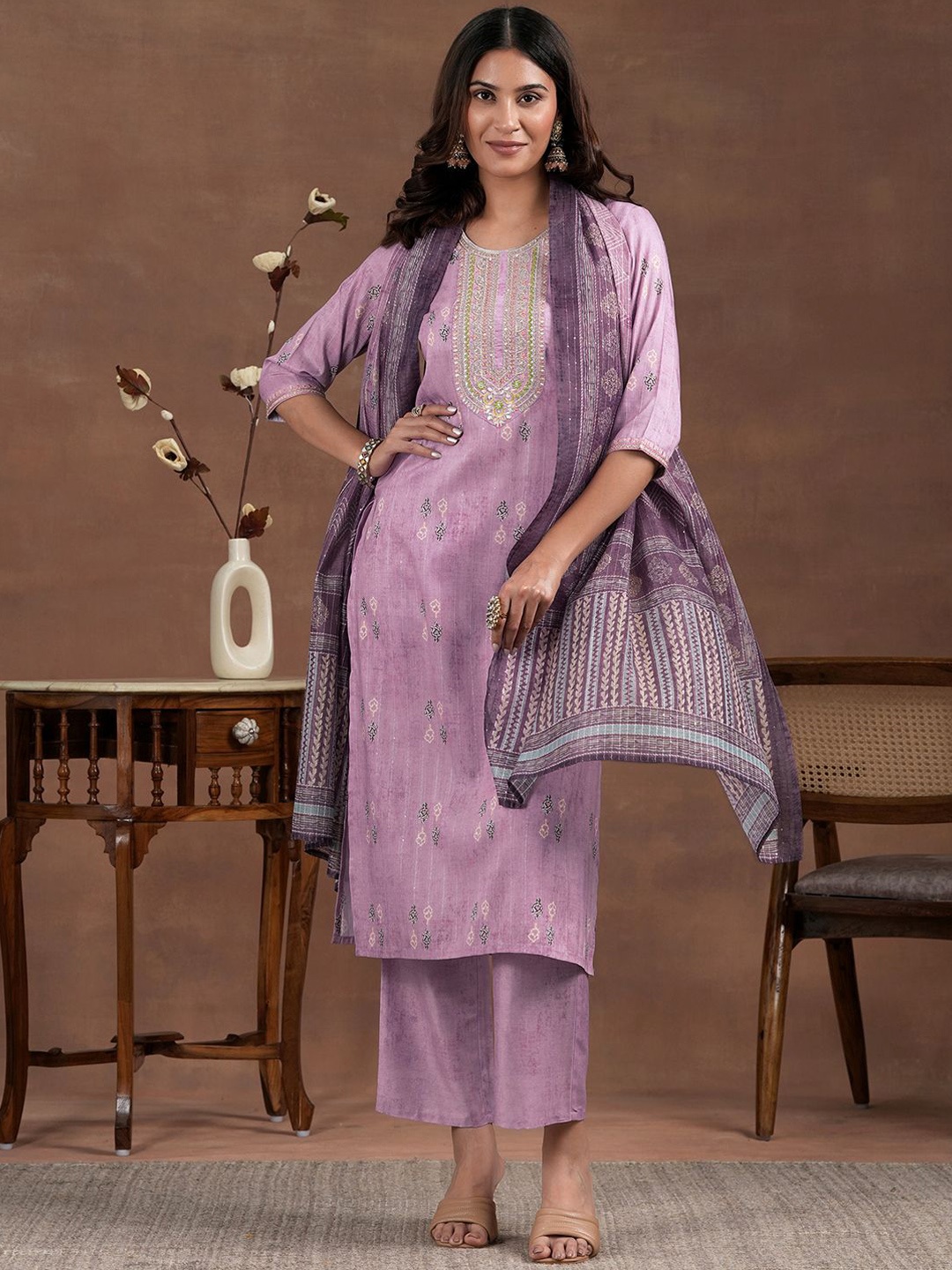 

Libas Ethnic Motifs Printed Zari Straight Kurta with Palazzos & Dupatta, Lavender