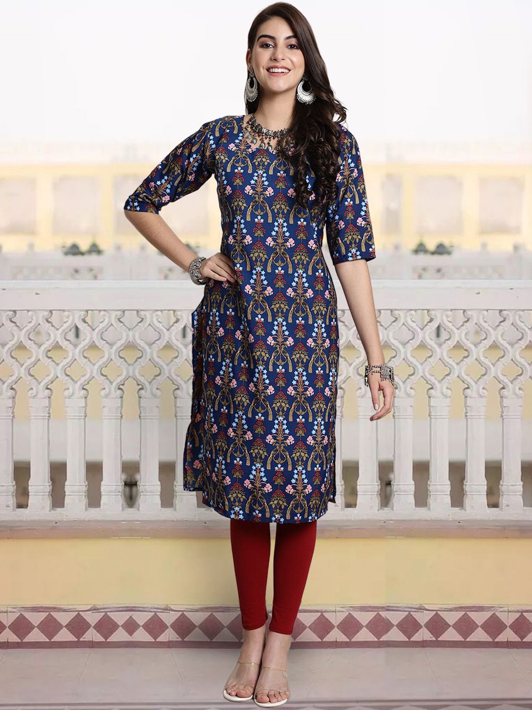 

7Threads Women Ethnic Motifs Printed Sequinned Floral Crepe Kurta, Multi