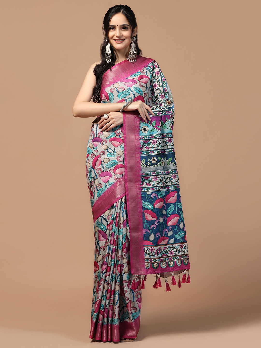 

Kaizen TEXO FAB Kalamkari Zari Tussar Saree, Beige