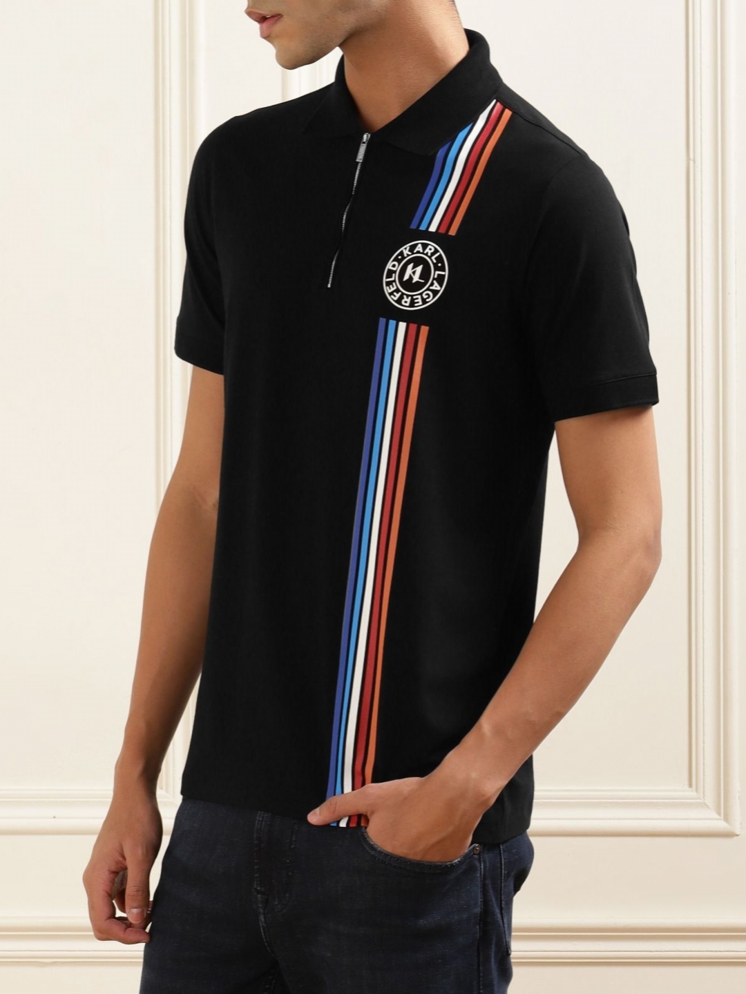 

Karl Lagerfeld Men Striped Mandarin Collar Applique T-shirt, Black