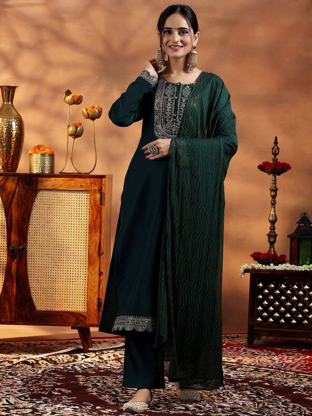 

Libas Floral Embroidered Zari Yoke Design A Line Kurta with Trousers & Dupatta, Green