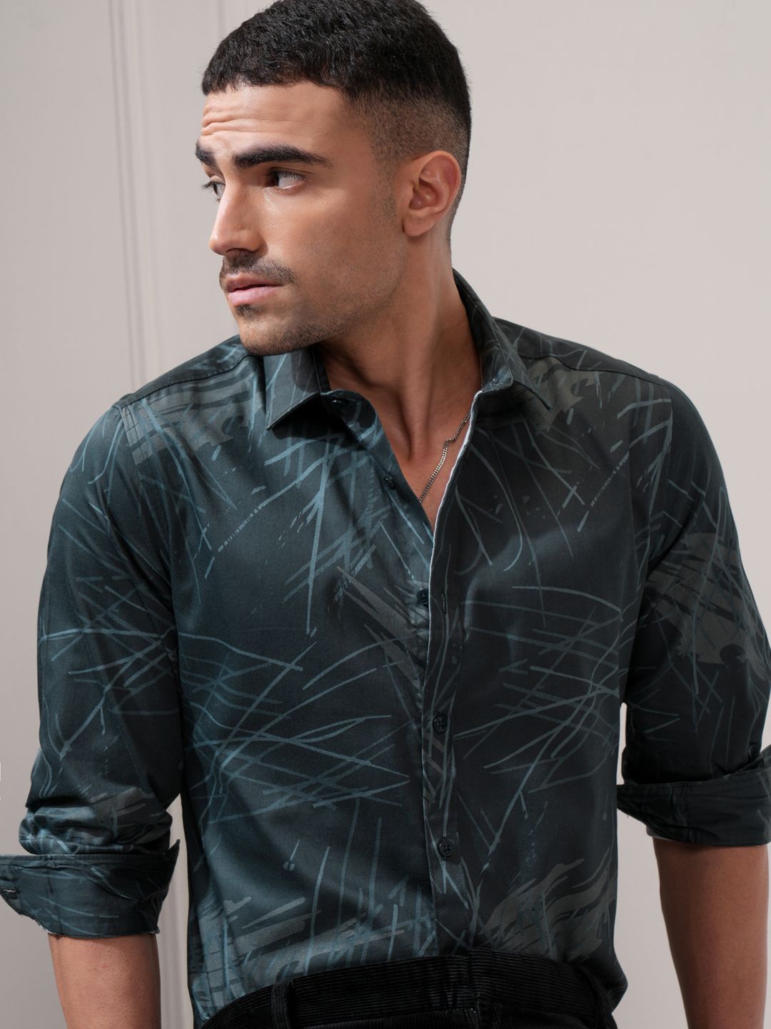 

LOCOMOTIVE Luxe Men TealSatin Printed Occasion Slim Fit Shirt, Teal