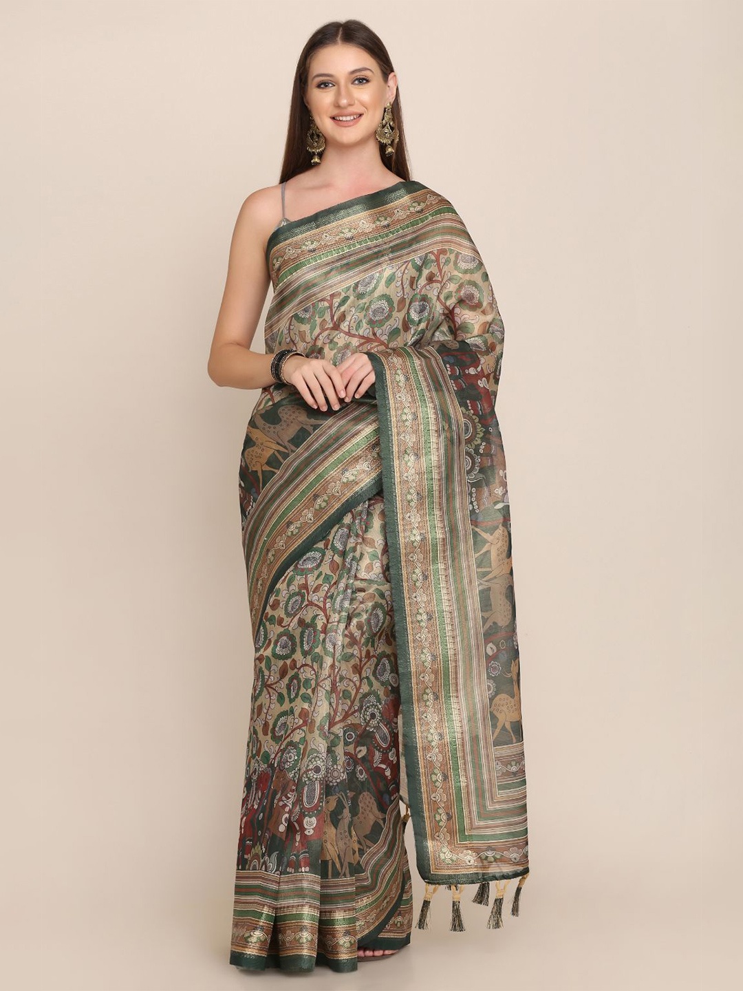 

Kaizen TEXO FAB Floral Khadi Saree, Beige