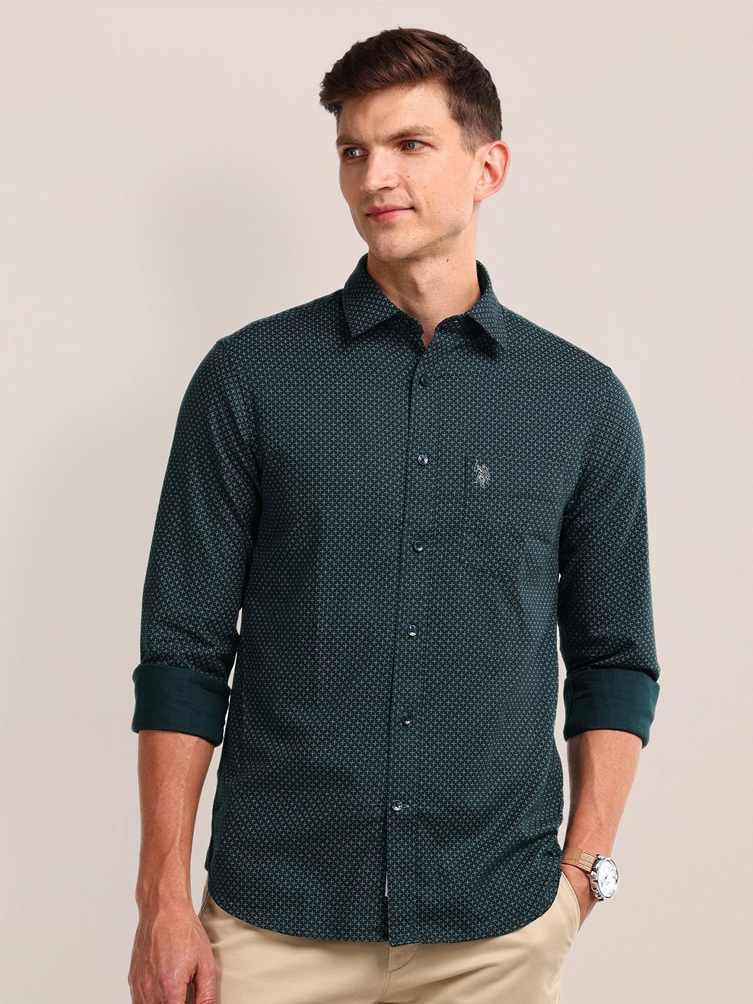 

U.S. Polo Assn. Men Classic Opaque Printed Casual Shirt, Green