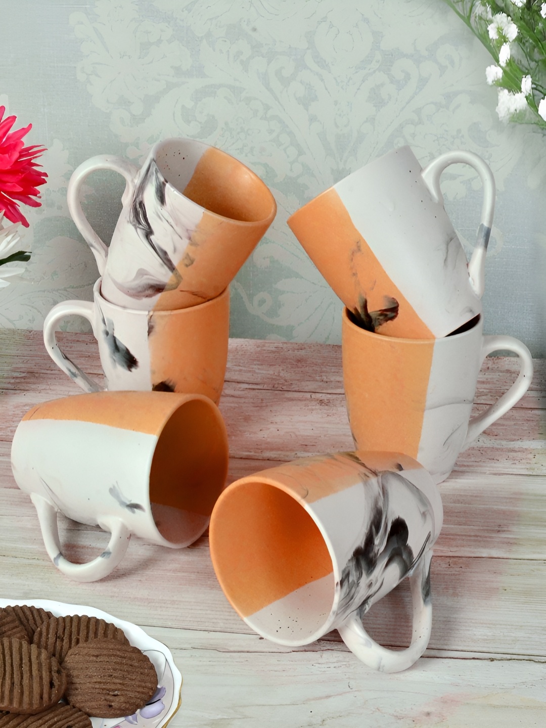 

FABINALIV Set of 6 Orange & White Striped Handcrafted Ceramics Matte Mugs