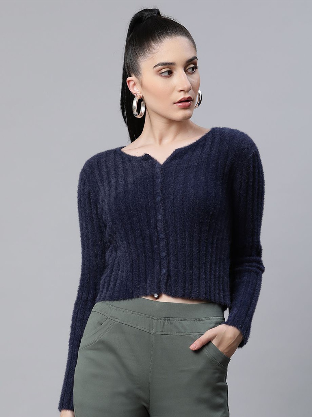 

Global Republic Women Striped Crop Cardigan, Navy blue