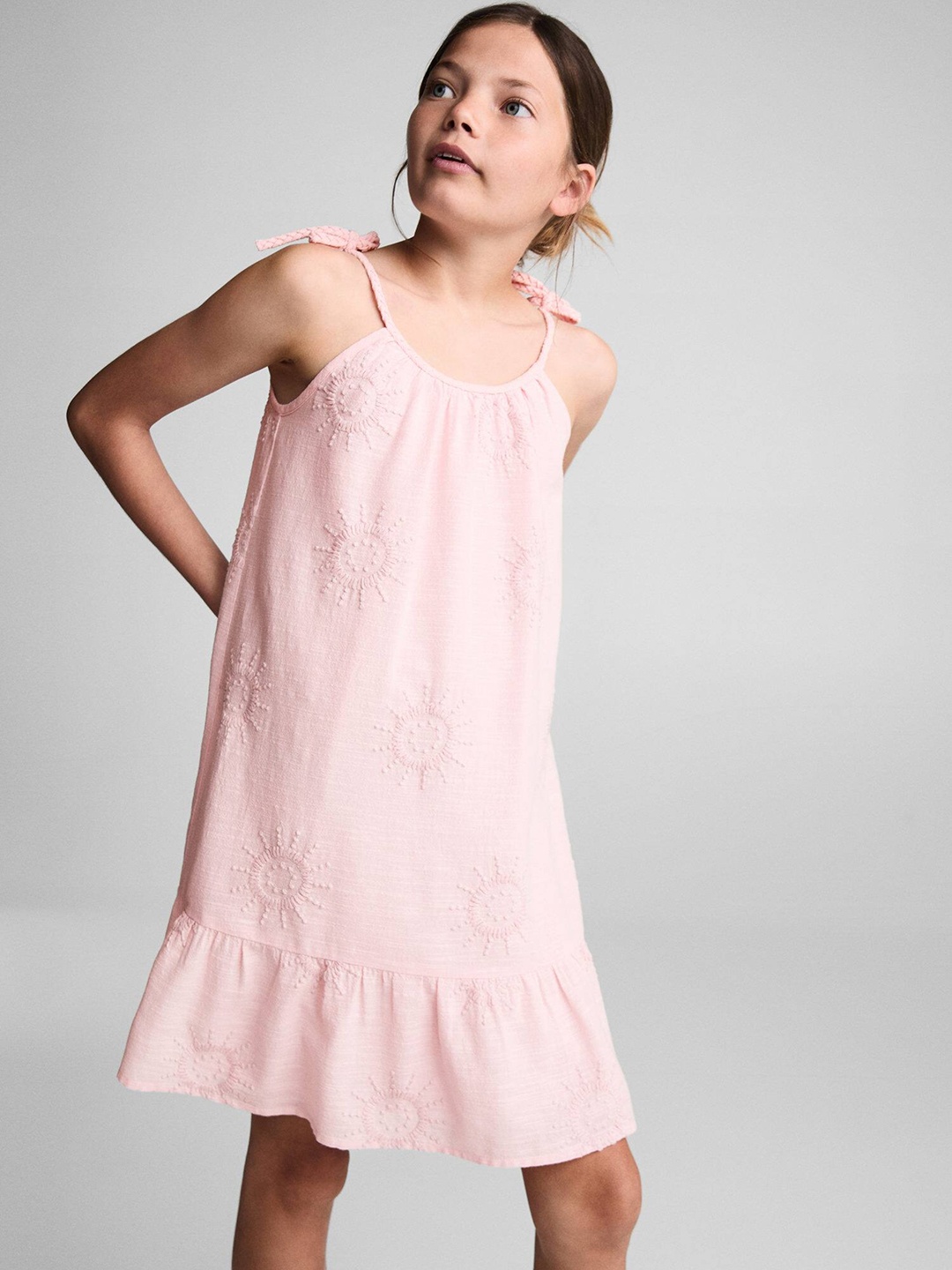 

Mango Kids Girls Cotton Floral Self Design A-Line Dress, Pink