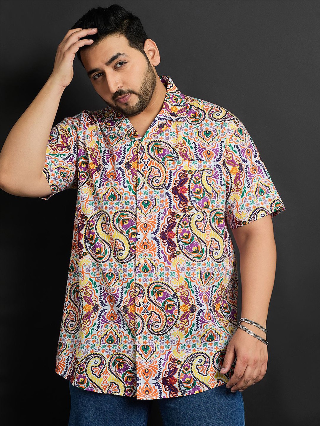

bigbanana Plus Size Floral Printed Cuban Collar Cotton Casual Shirt, White