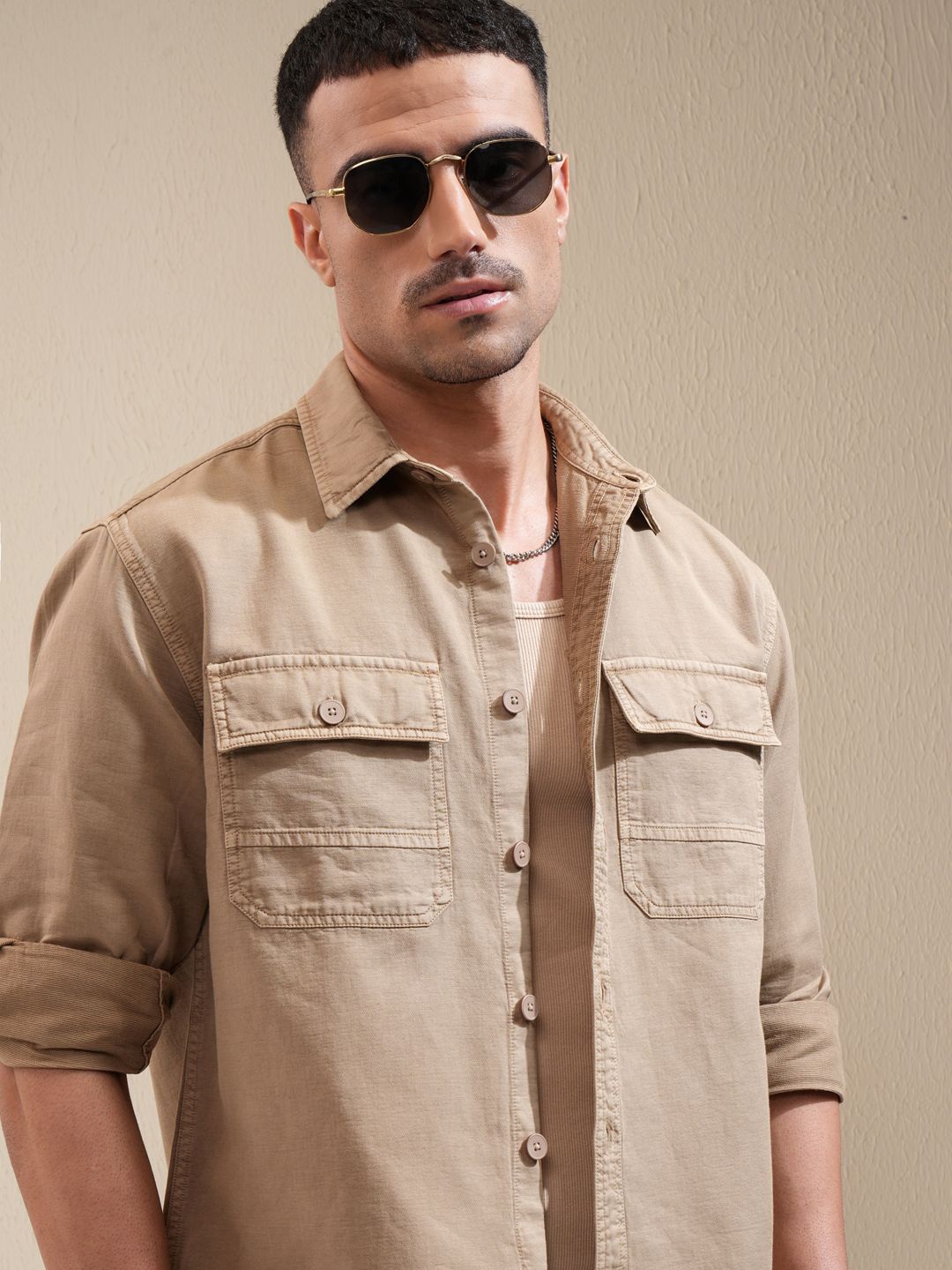 

LOCOMOTIVE Premium Men Dyed Washed Utility Pocket Overshirt, Khaki