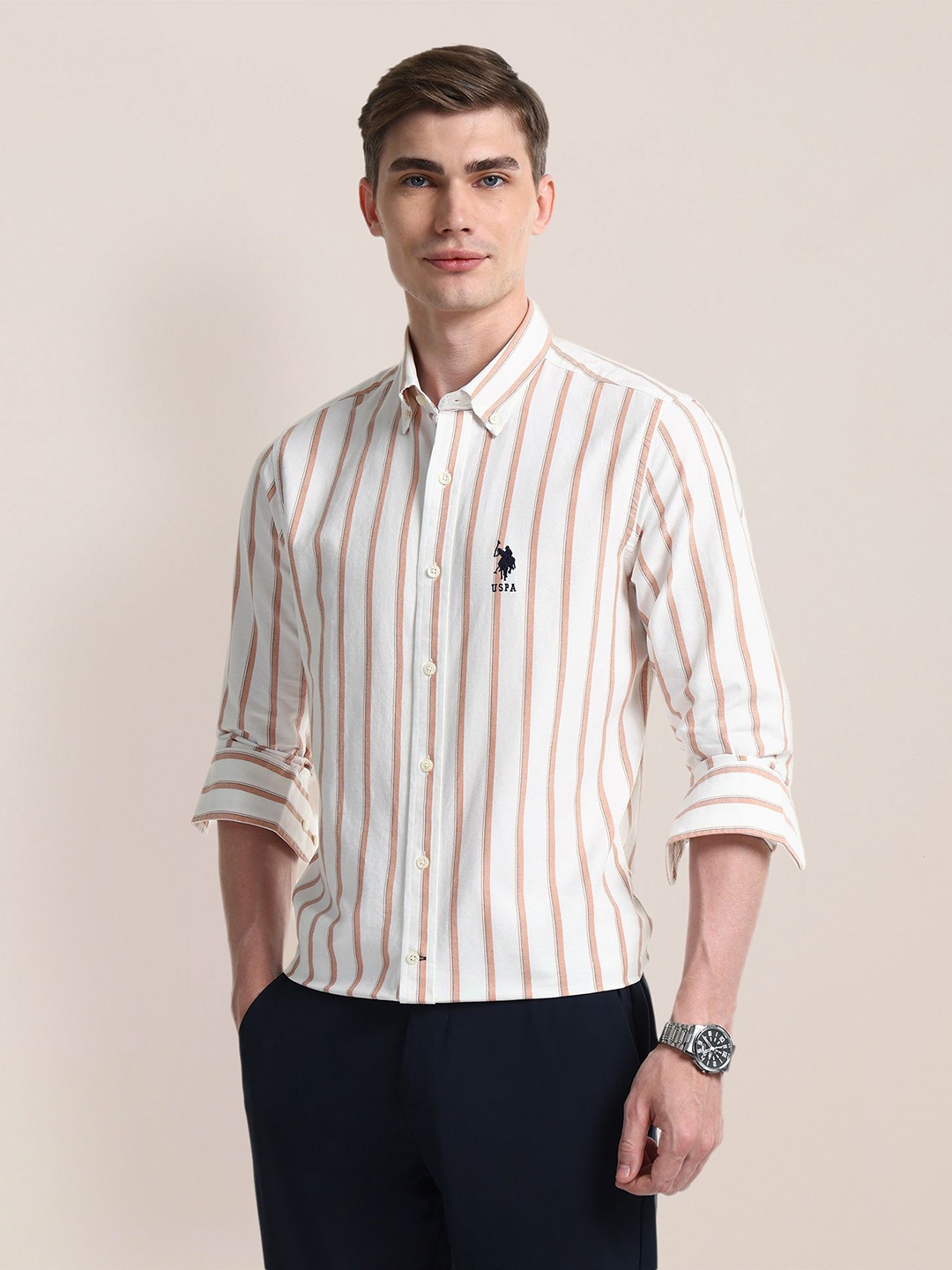 

U.S. Polo Assn. Men Classic Opaque Striped Casual Shirt, White